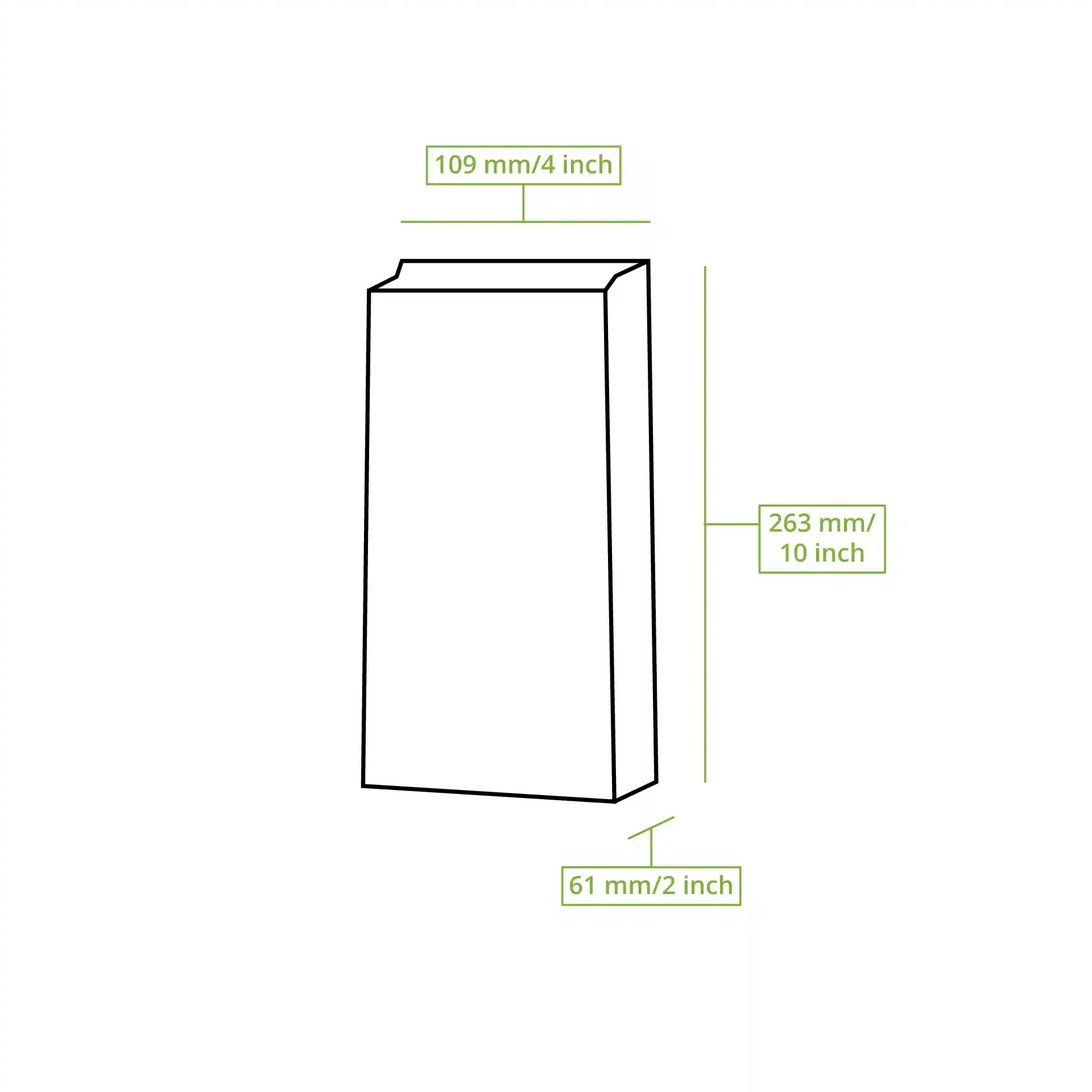 Schematische Zeichnung einer Blockboden-Tüte mit Maßen: 110 mm Länge, 235 mm Höhe und 60 mm Breite.