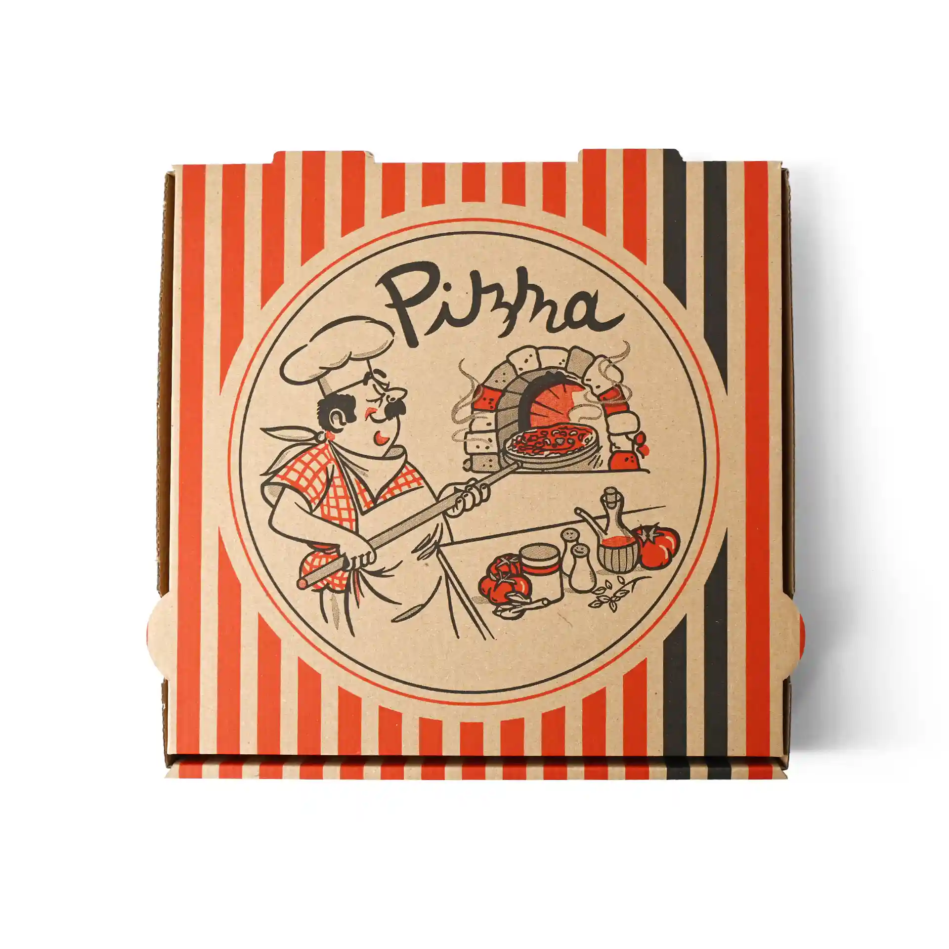 Pizza box with a pizza chef design, brown color, dimensions 28 x 28 x 4 cm.