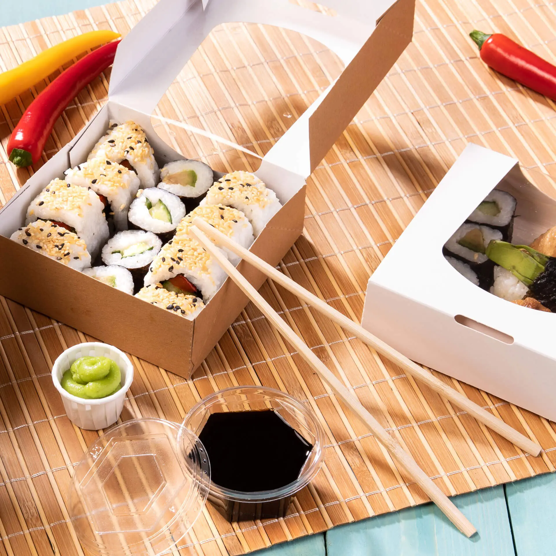 Bamboo chopsticks beside sushi in a takeaway box with soy sauce, wasabi, and red and yellow peppers on a woven mat.