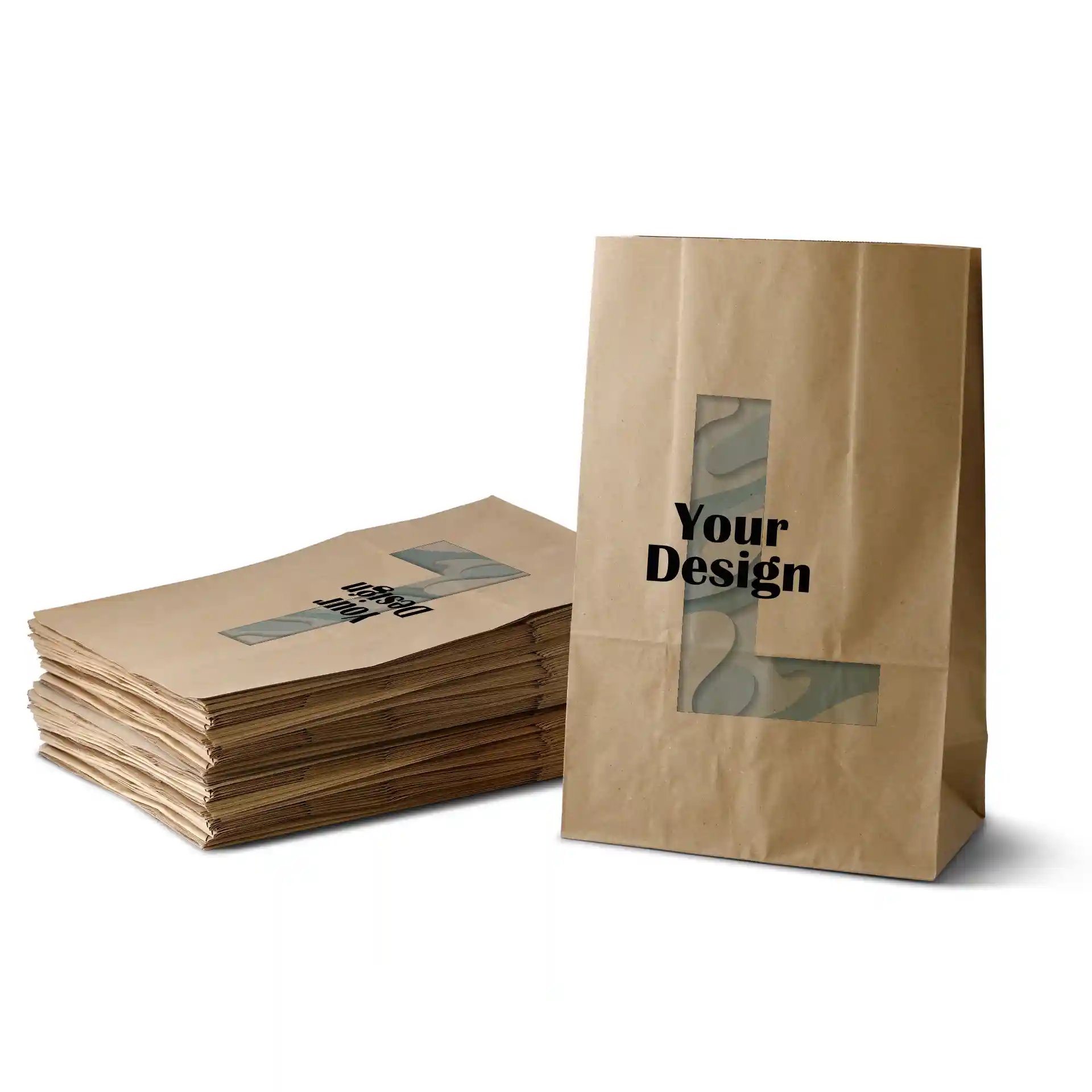 Brown printed paper bags without handles, one bag upright with a stack of several bags behind it.