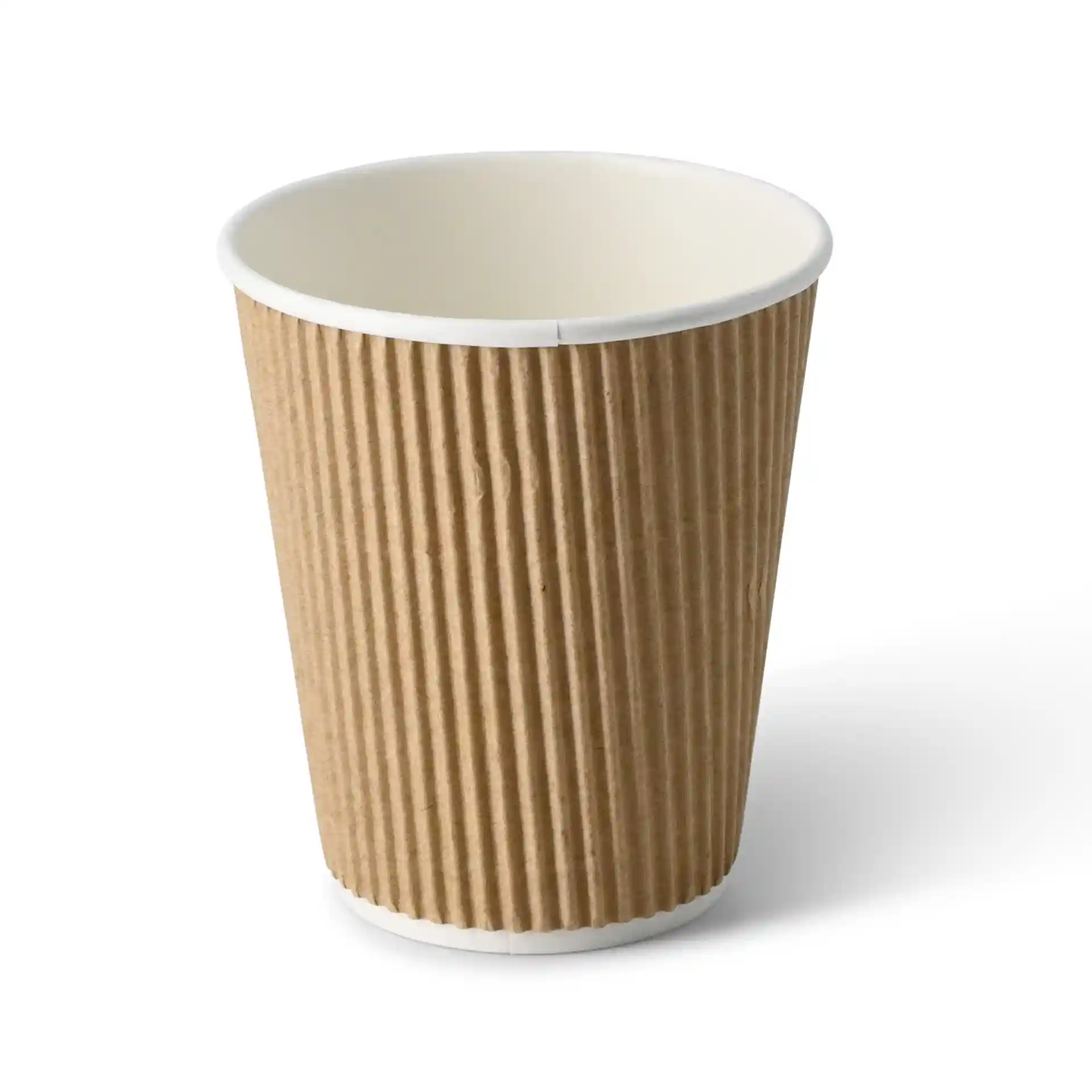 Brown ripple coffee cup with a white inner lining, 10 oz capacity, round shape, and cardboard material.
