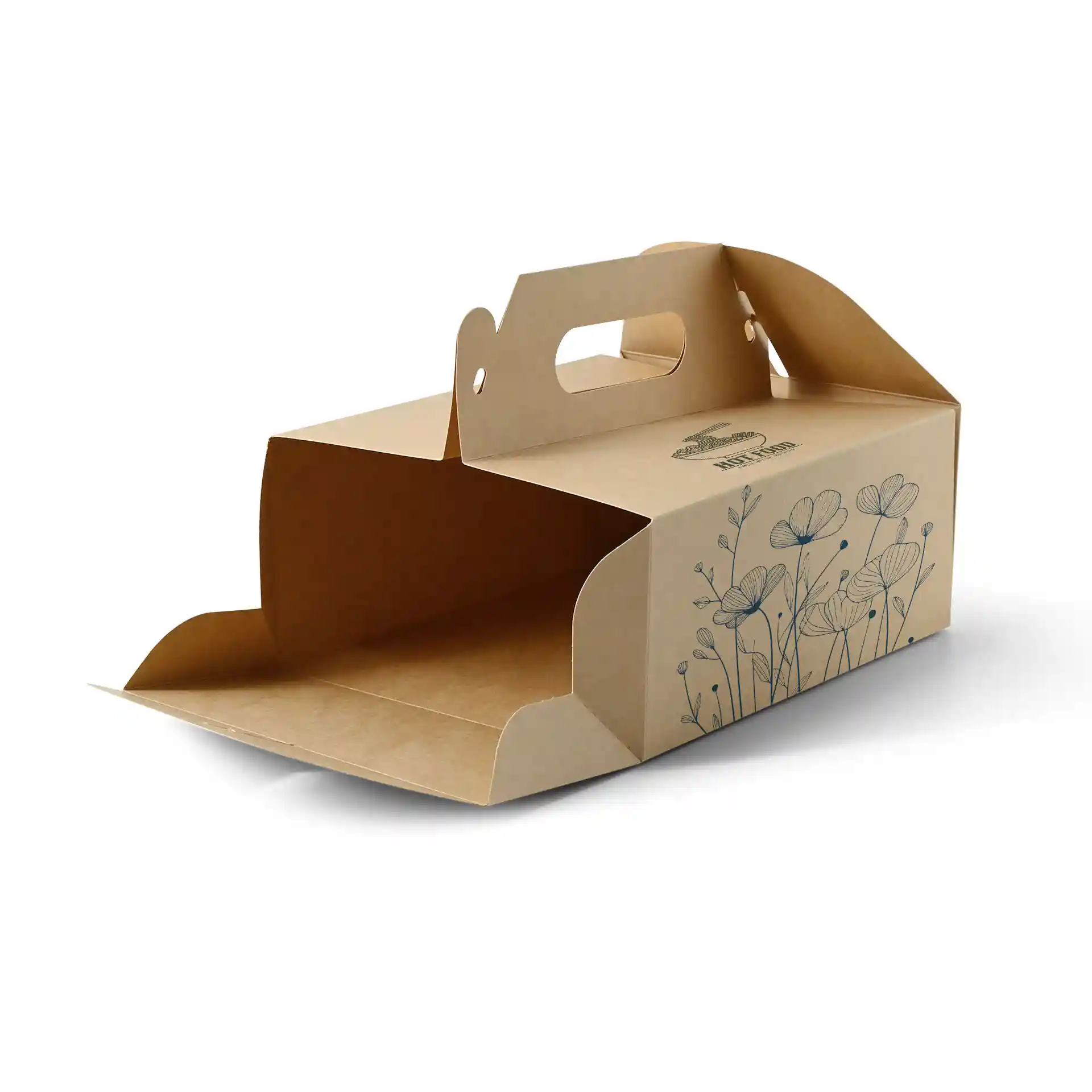 Brown custom printed cake box with a handle, open at the front, featuring floral design on one side.