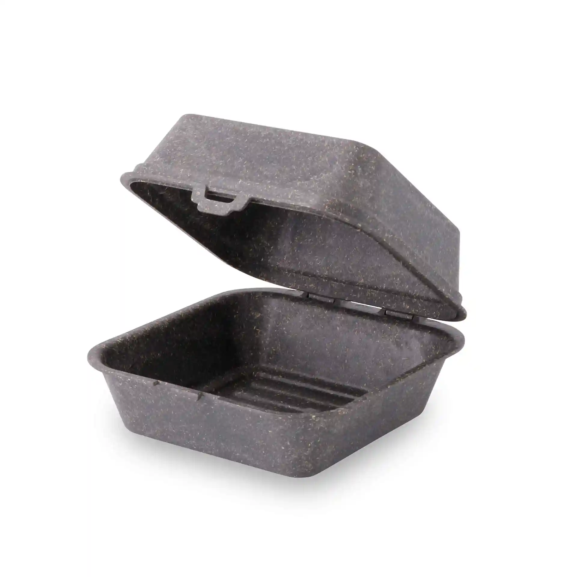 Offene graue wiederverwendbare Burgerbox aus Biokomposit, 16 x 15 x 8,5 cm, mit Scharnierdeckel.