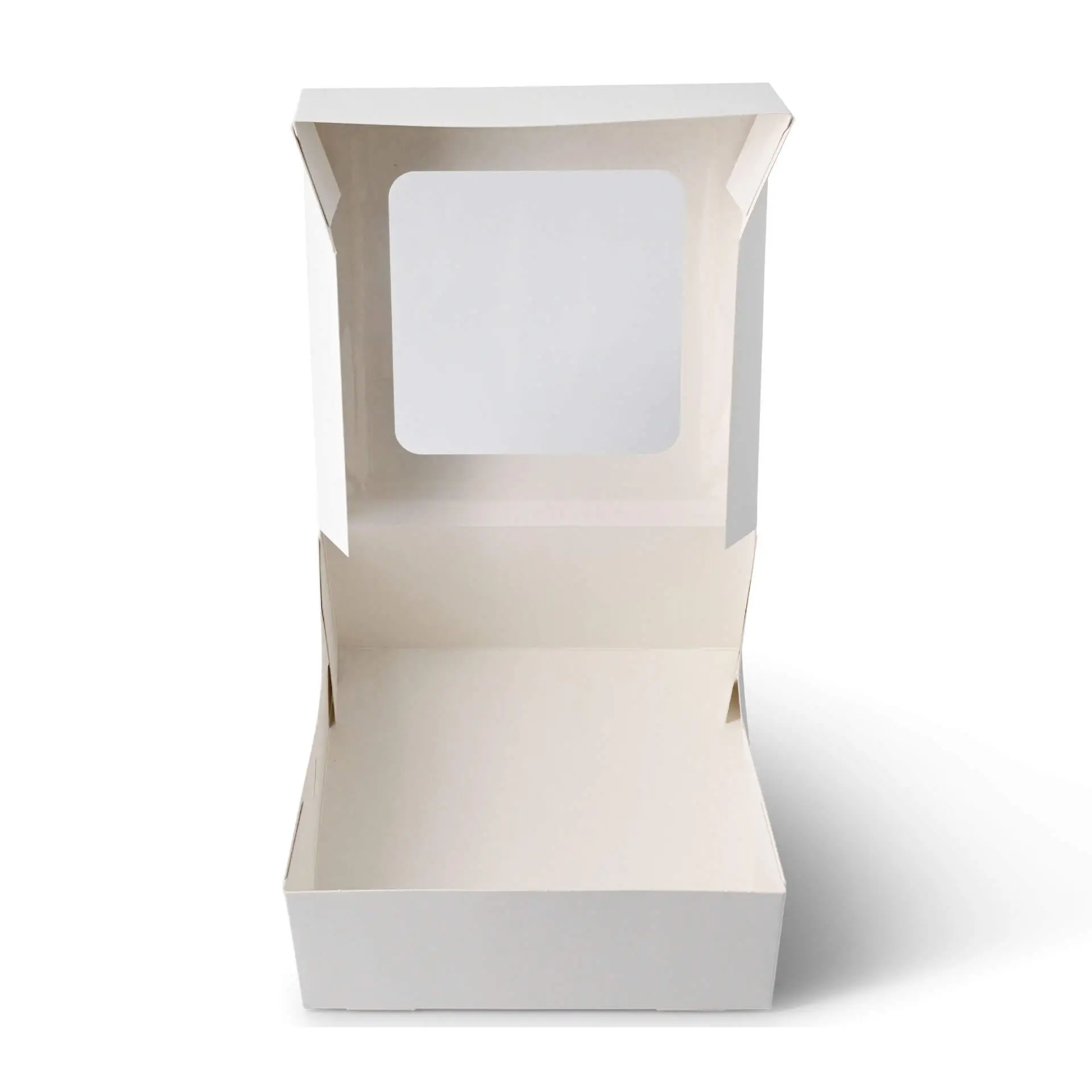 Weiße Cupcake-Box mit Cellulose-Fenster, entworfen für vier Backwaren wie Muffins oder Brownies.