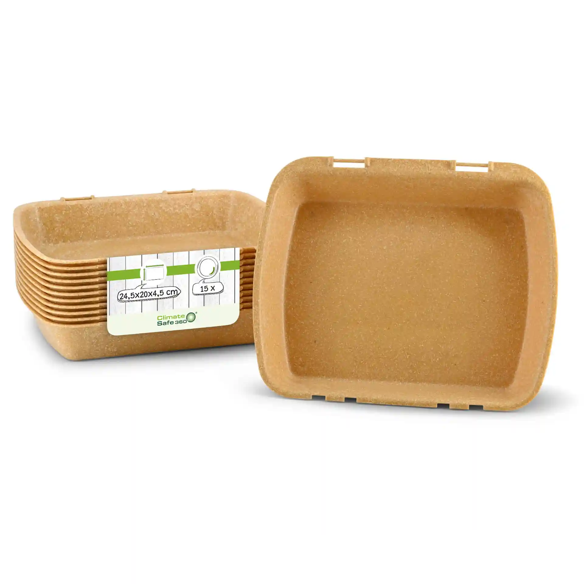 Set of five brown rectangular reusable menu containers, each measuring 24.5 x 20 x 4.5 cm.