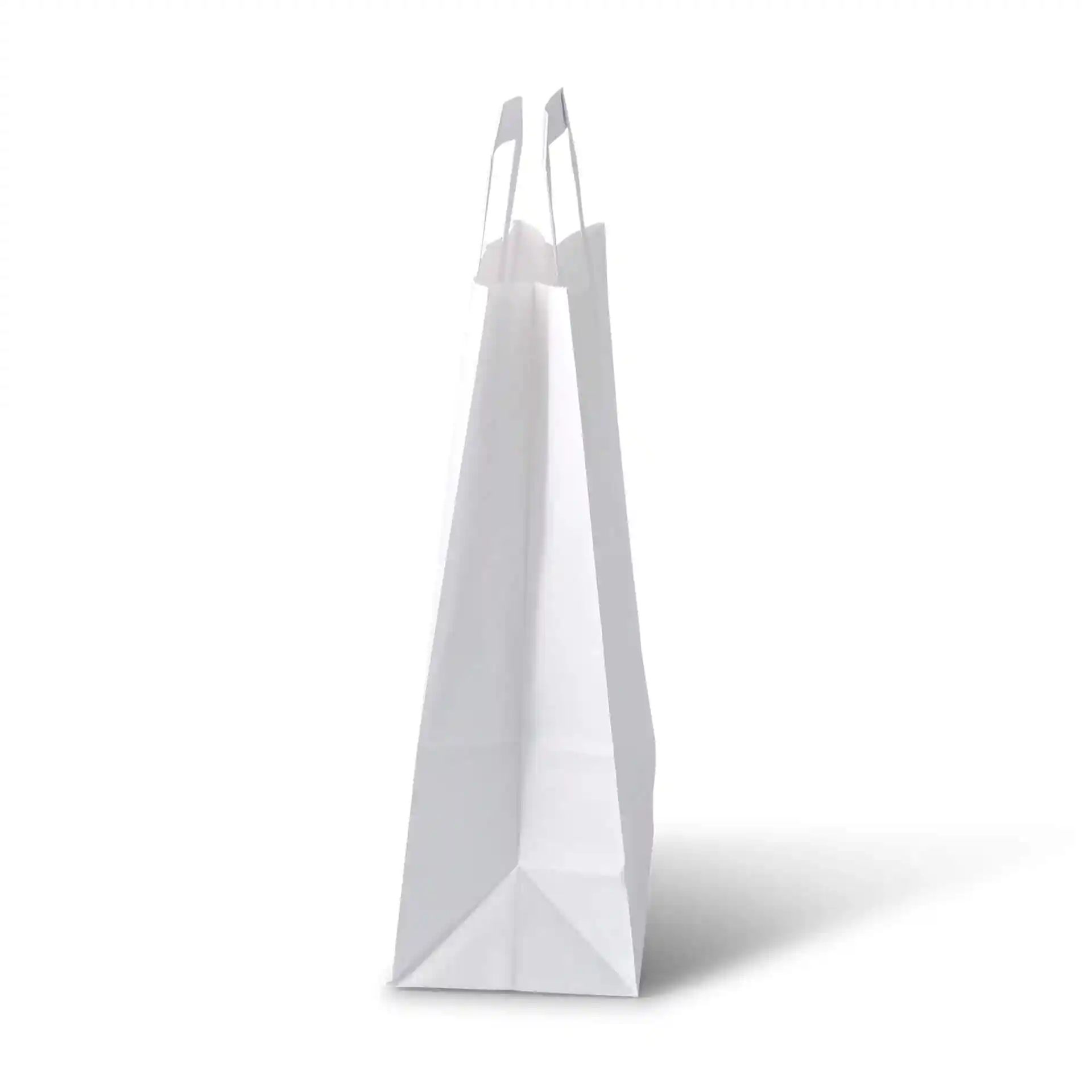 White kraft paper carrier bag with two handles, measuring 22 x 10 x 28 cm.