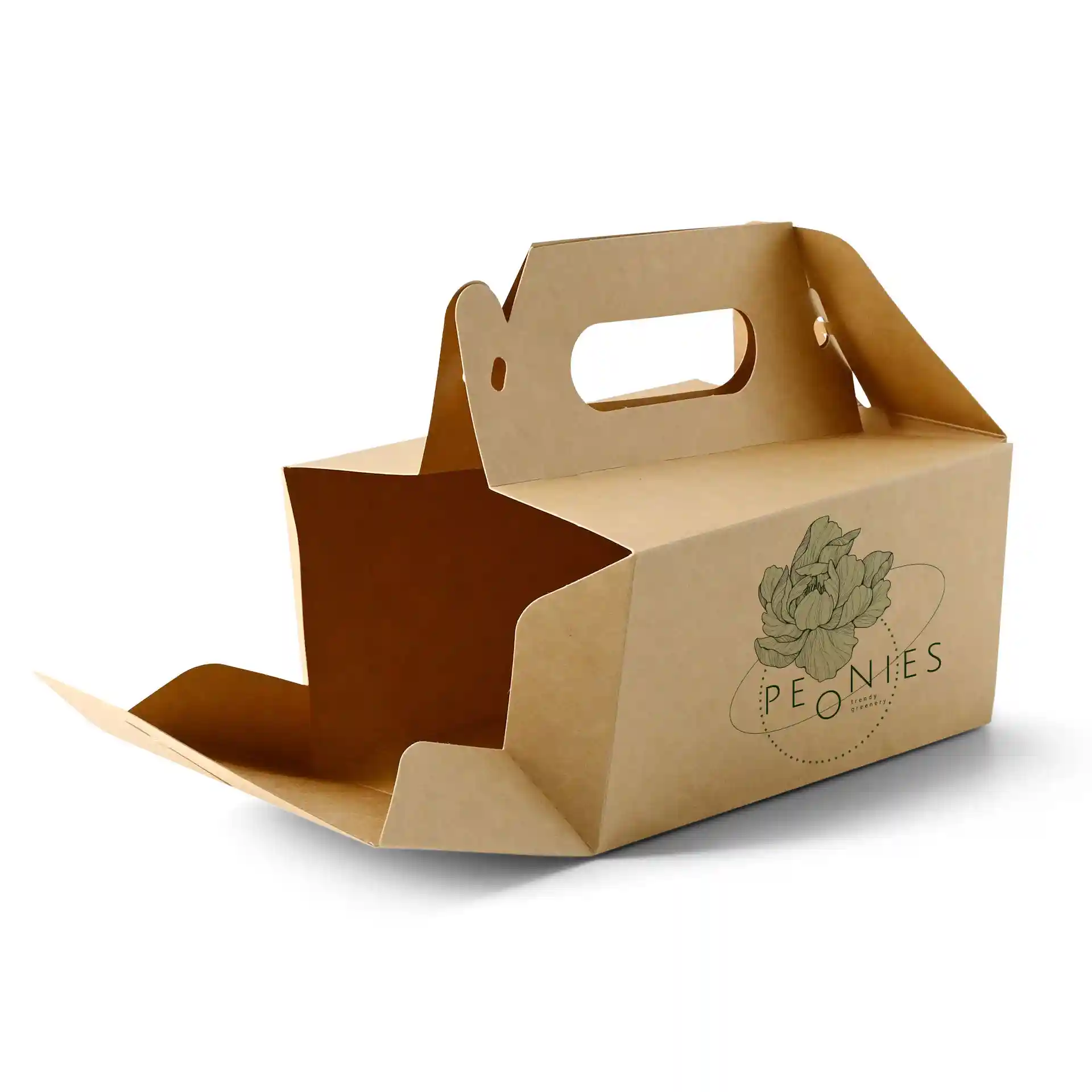Braune, individuell bedruckte Kuchenbox mit Griff, Maße 18 x 11 x 9 cm, teilweise geöffnet und zeigt das Innere.