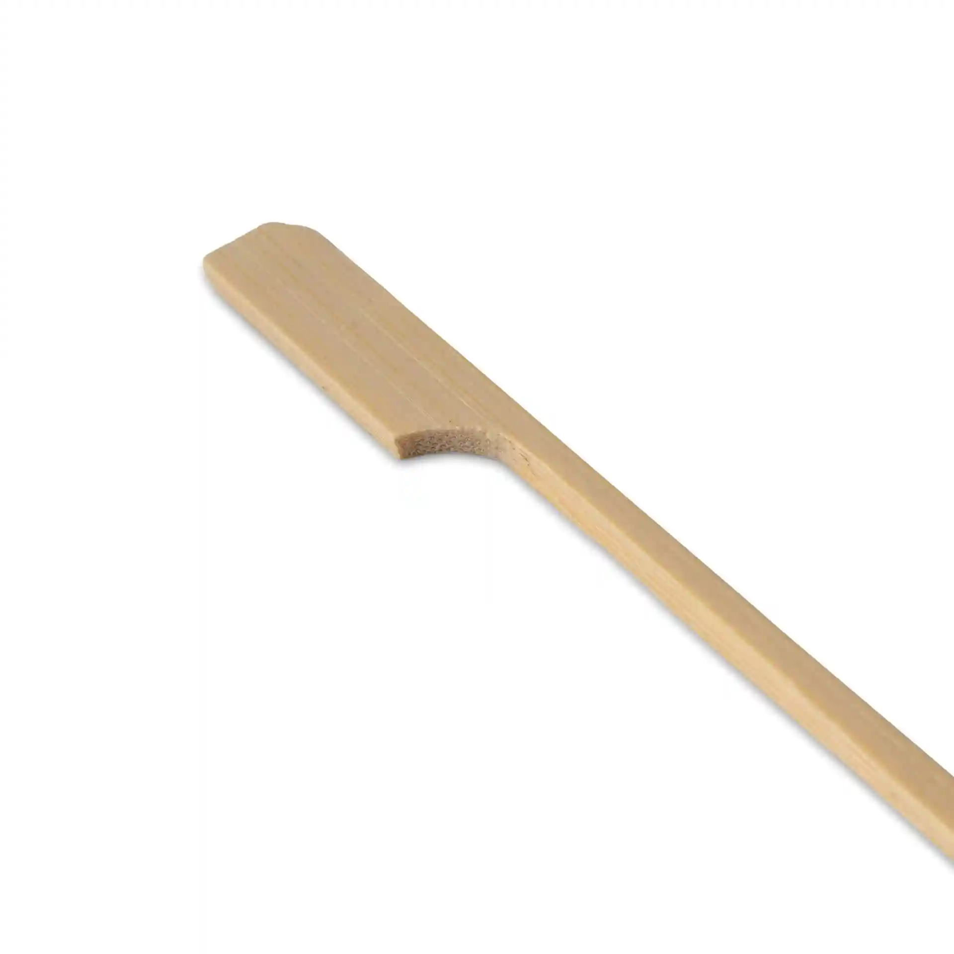 Bamboo paddle skewer, 12 cm long, with a flat end and untreated brown bamboo material.