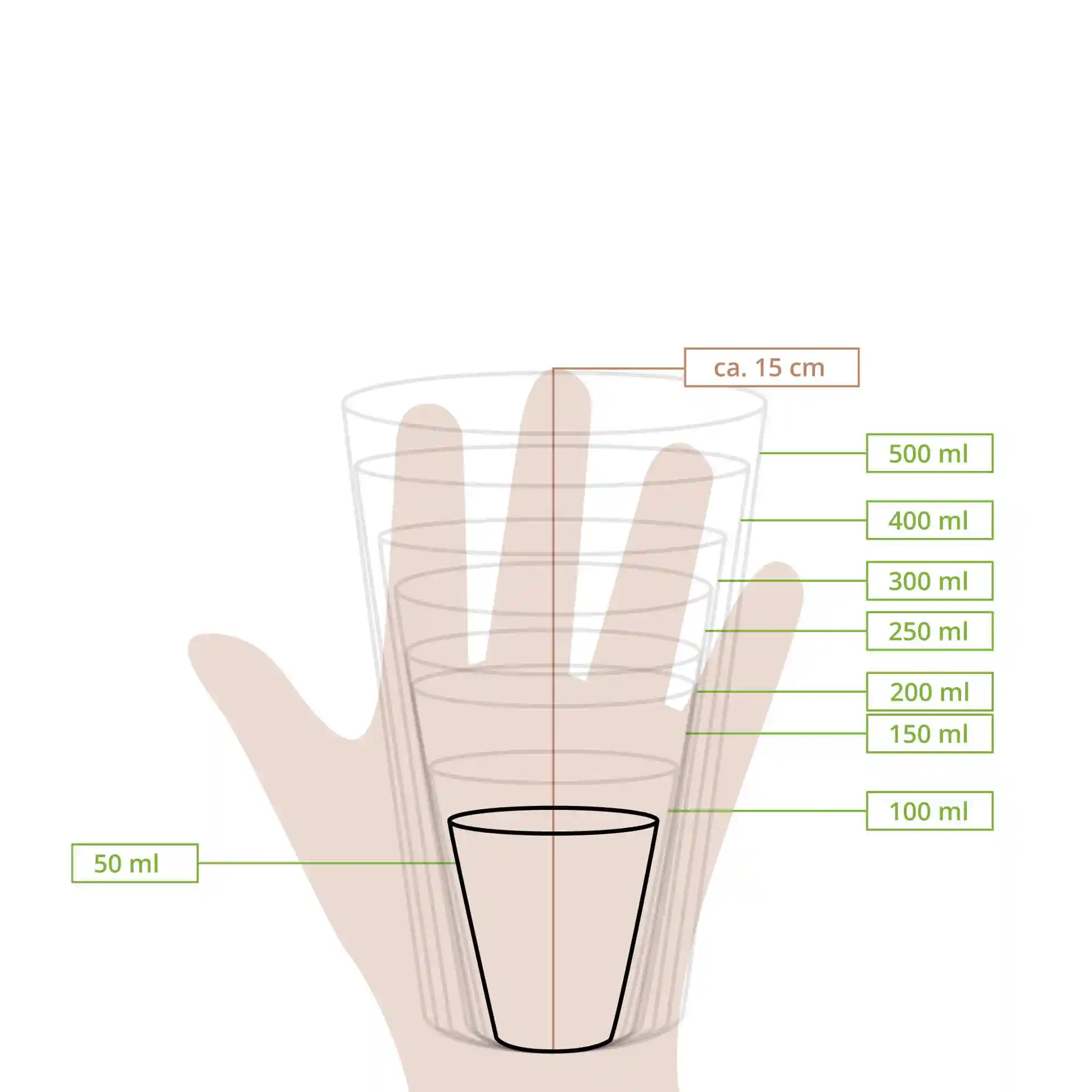 Schematische Zeichnung eines Bechers mit Maßlinien, die verschiedene Volumina von 50 ml bis 500 ml anzeigen.