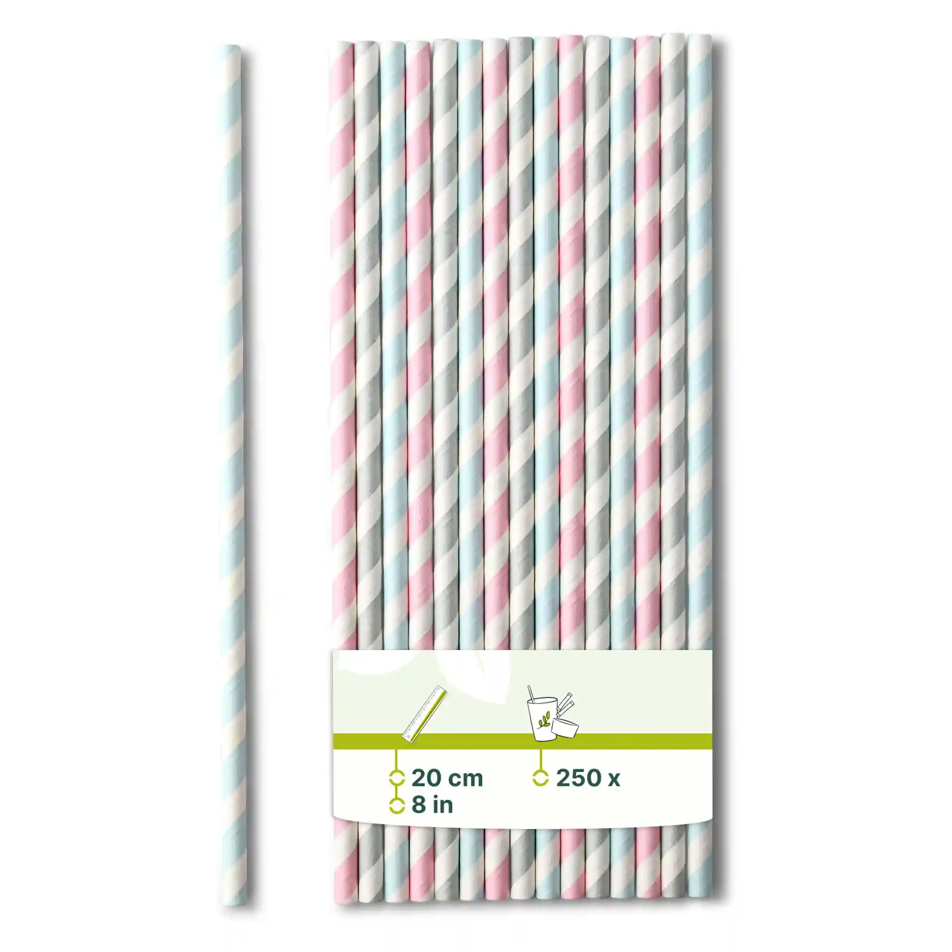 Pastellgestreifte Papierstrohhalme, 20 cm lang und 0,6 cm im Durchmesser, mit einem Etikett mit Produktdetails.