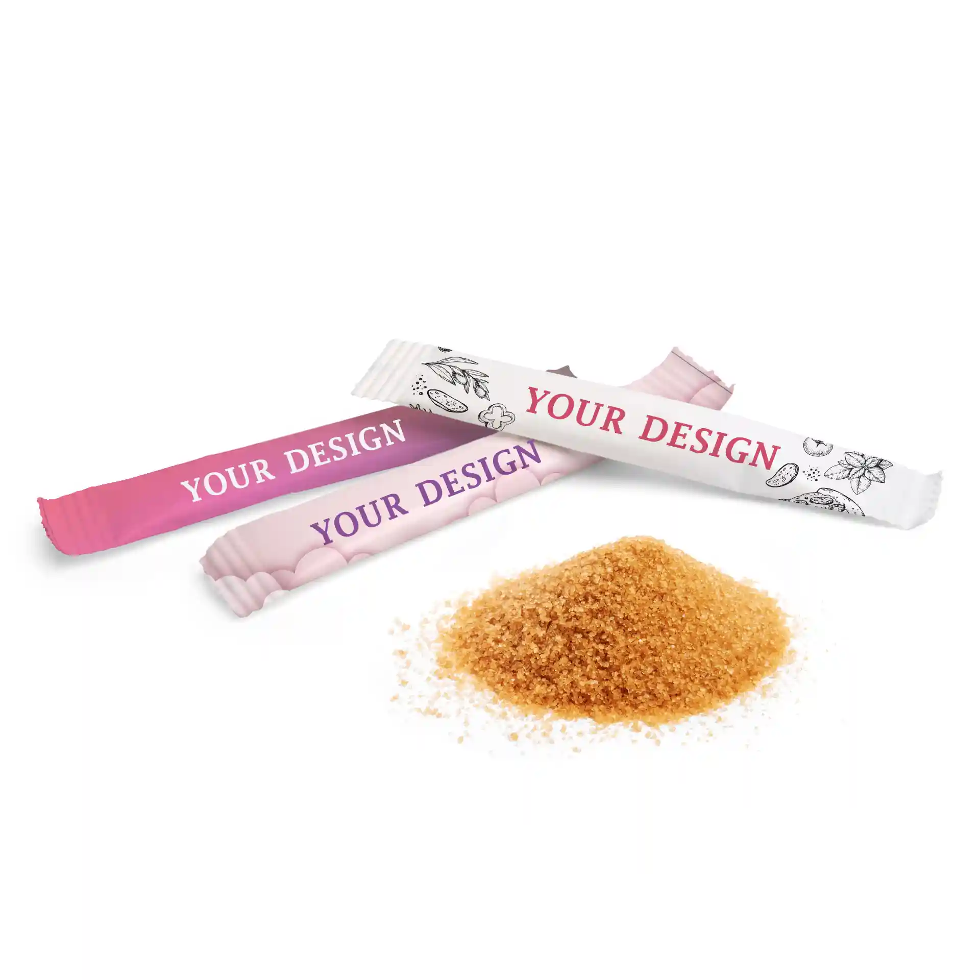 Bild von drei Zuckersticks mit einem Haufen braunem Bio-Rohrzucker. Die Sticks sind mit dem Text "DEIN DESIGN" gestaltet.