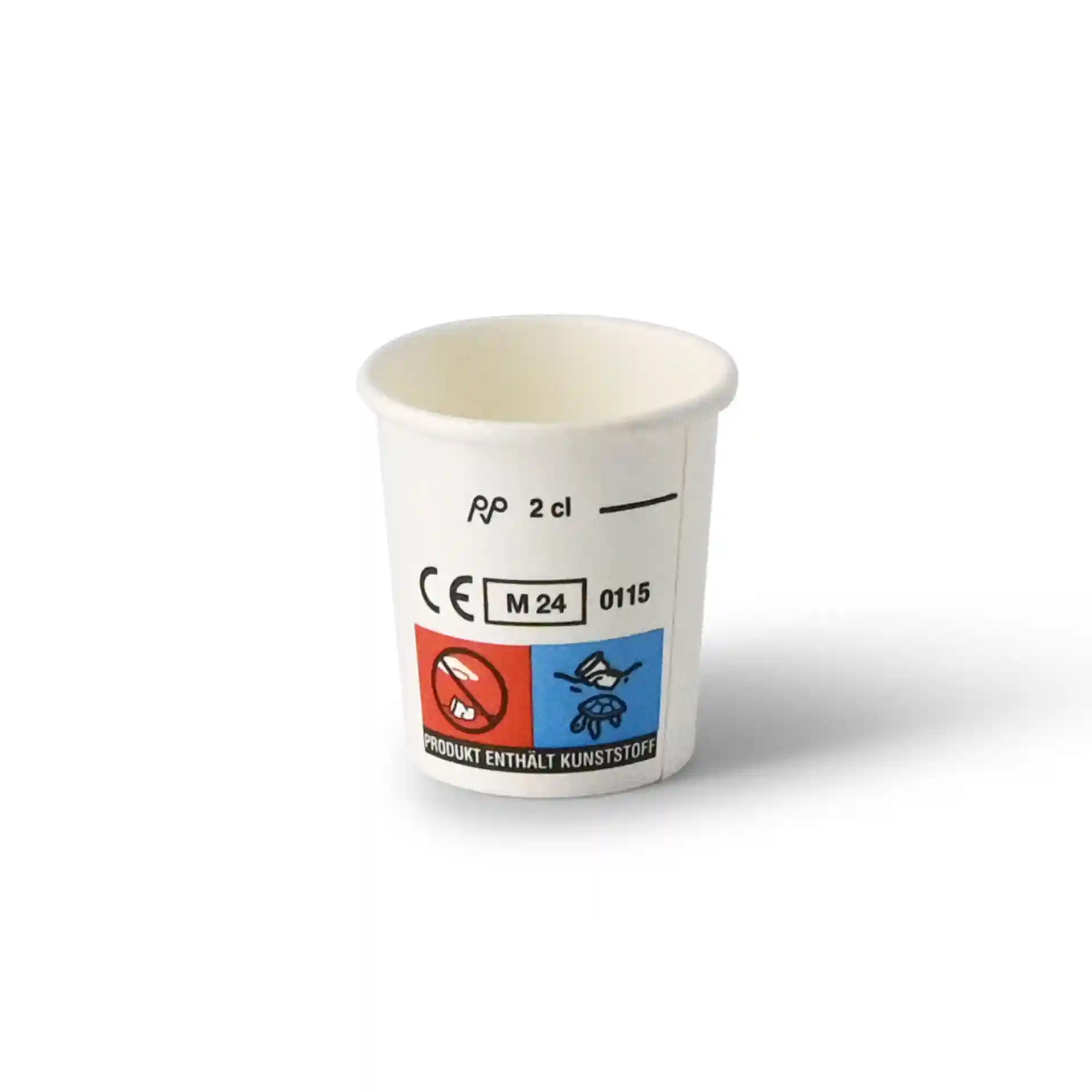 Weißer Becher mit einem Fassungsvermögen von 20 ml, mit einem blauen und roten Etikett mit Symbolen und Markierungen.