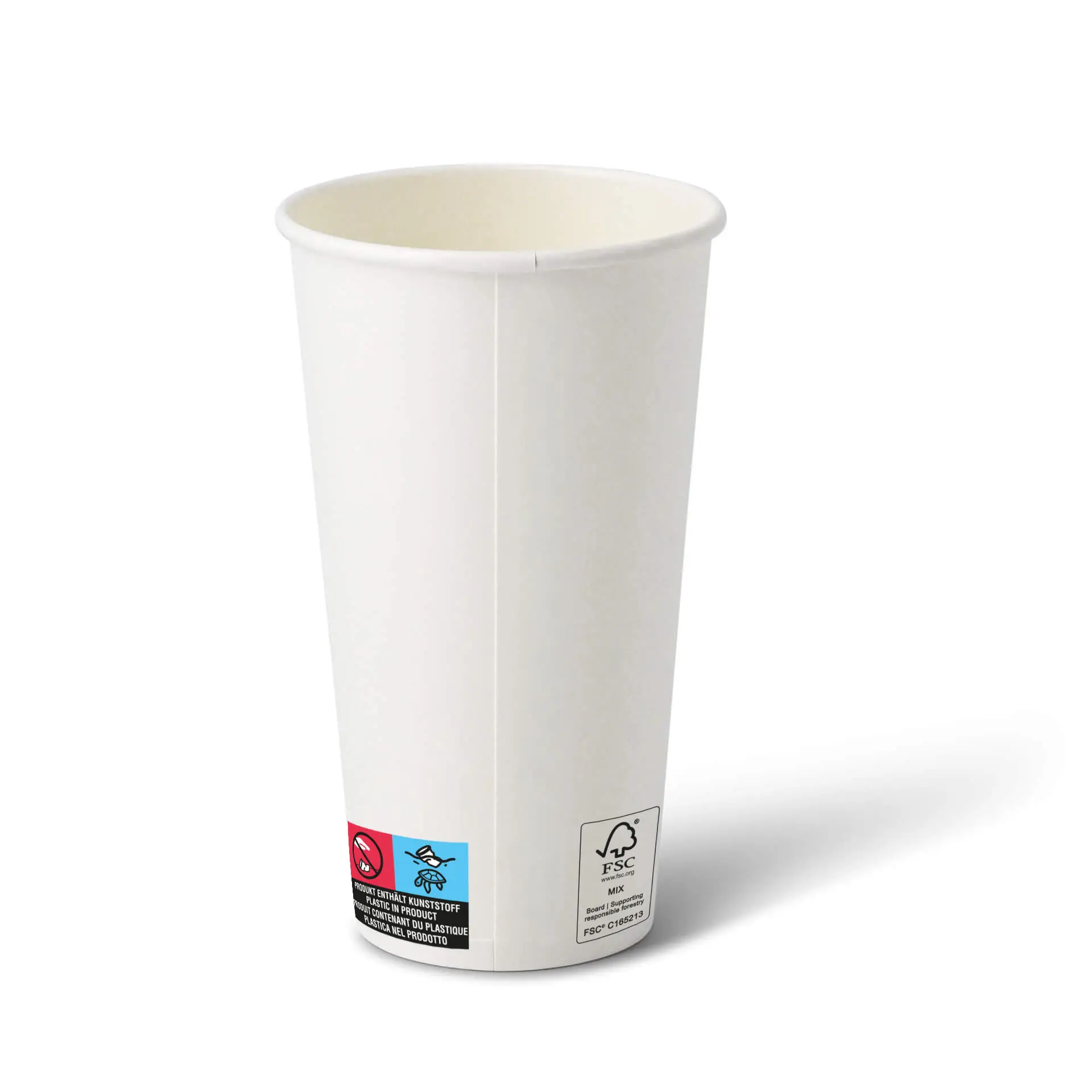 White 20 oz paper cup with a round shape and a coating, showing a label with symbols on the side.