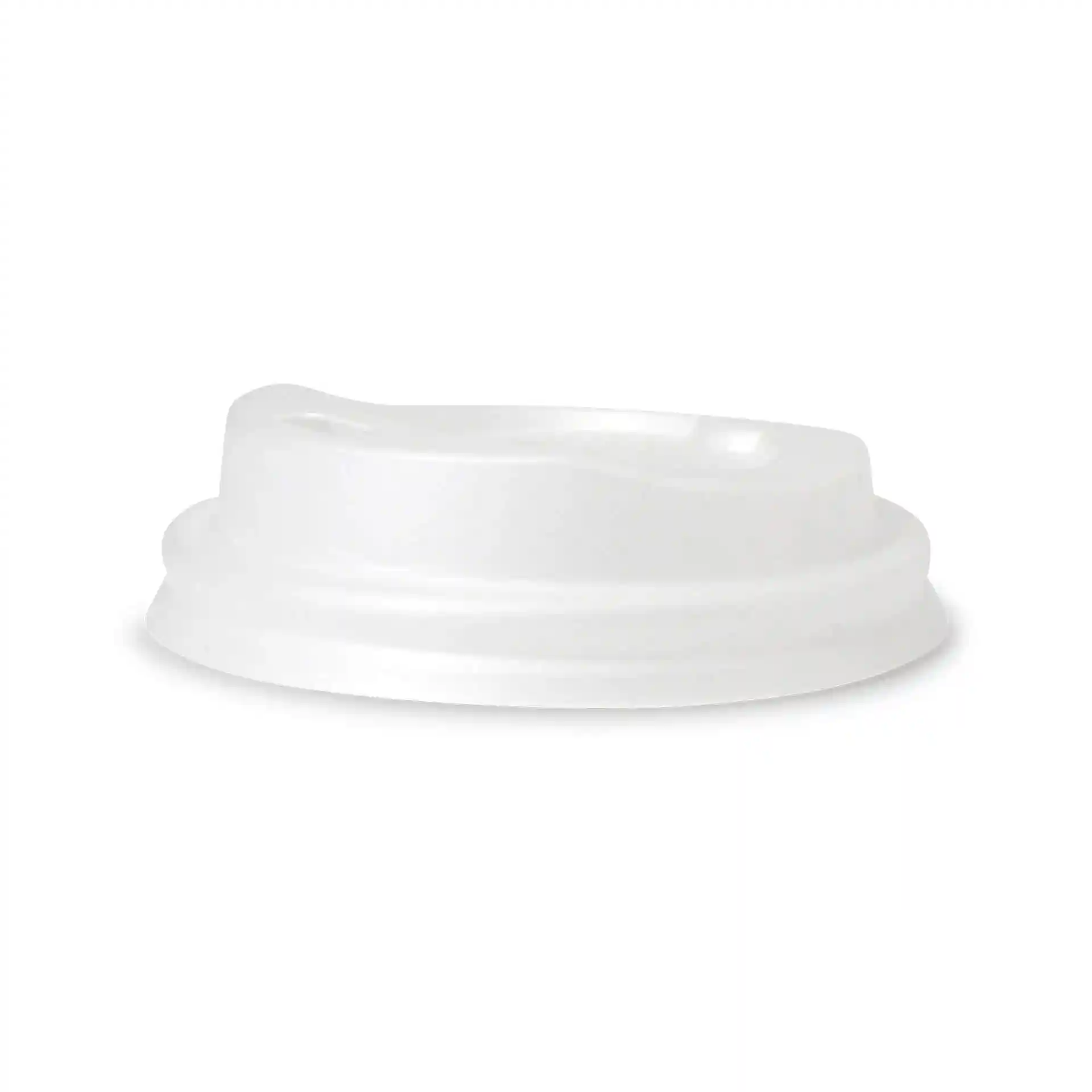 White CPLA lid with a drinking hole, measuring 62 mm in diameter and 15 mm in height.