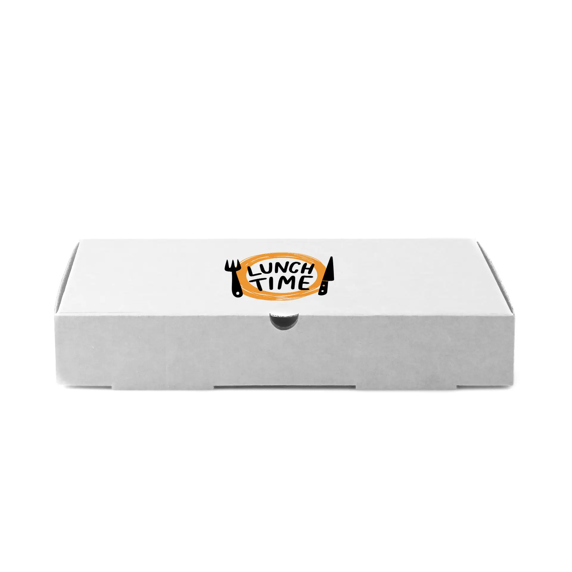 White pizza box with a circular design featuring the words "LUNCH TIME" and utensils. Dimensions are 30 x 30 x 4 cm.