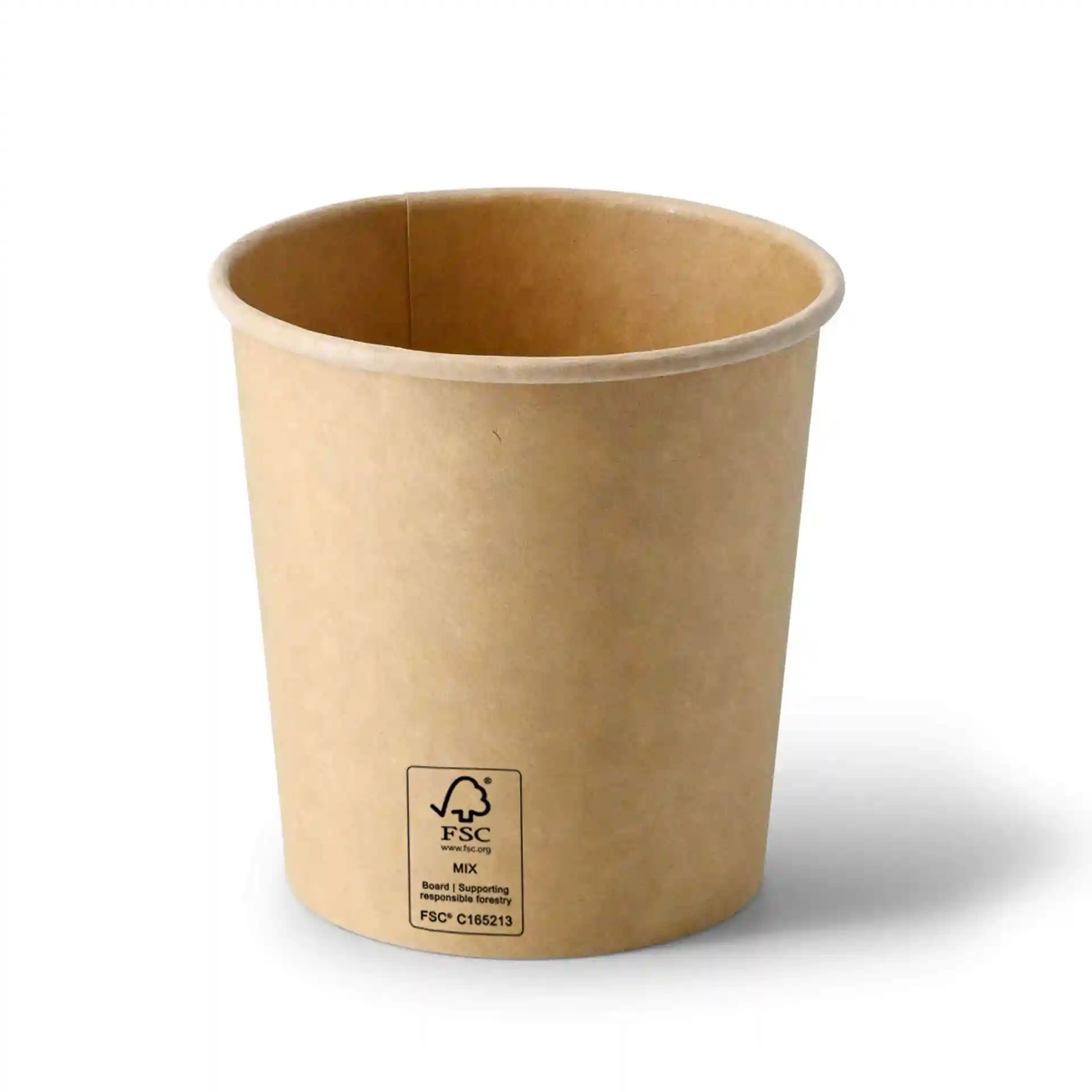 Brown paperboard takeaway soup container, 16 oz, round shape, with a coating, showing the interior and base.