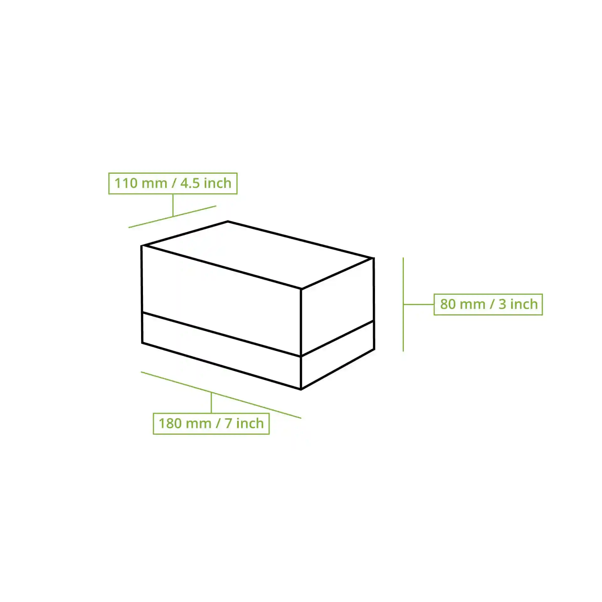 Schematic drawing of a rectangular cupcake box with dimension lines showing 110 mm, 80 mm, and 180 mm.