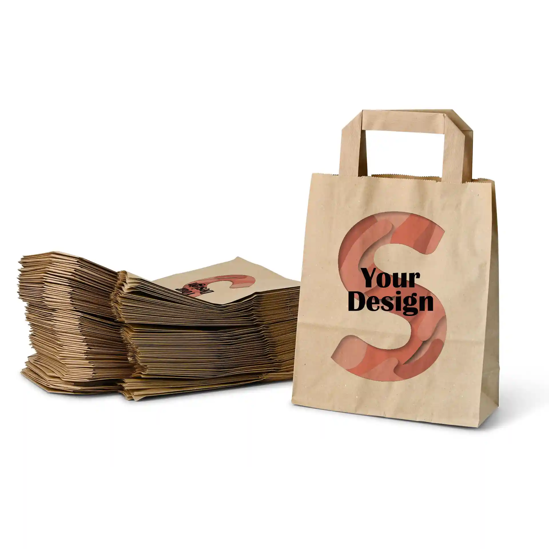 Brown paper carrier bag with a rectangular shape, featuring a design with the letter 'S' and the words 'Your Design'.