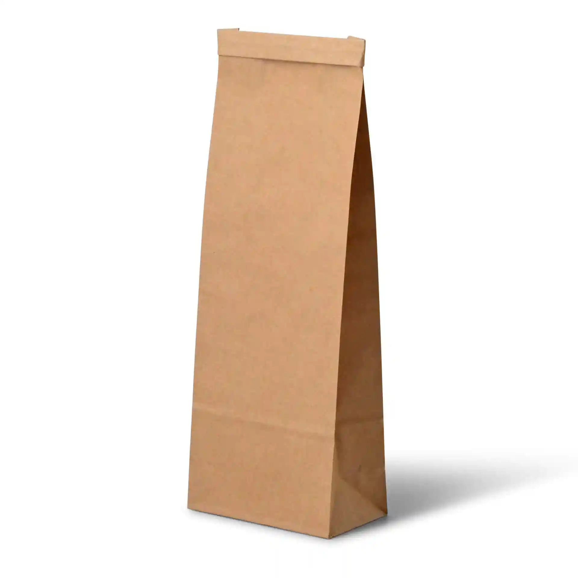 Brown kraft paper block bottom bag with a tin tie, measuring 10 x 6 x 27.5 cm.