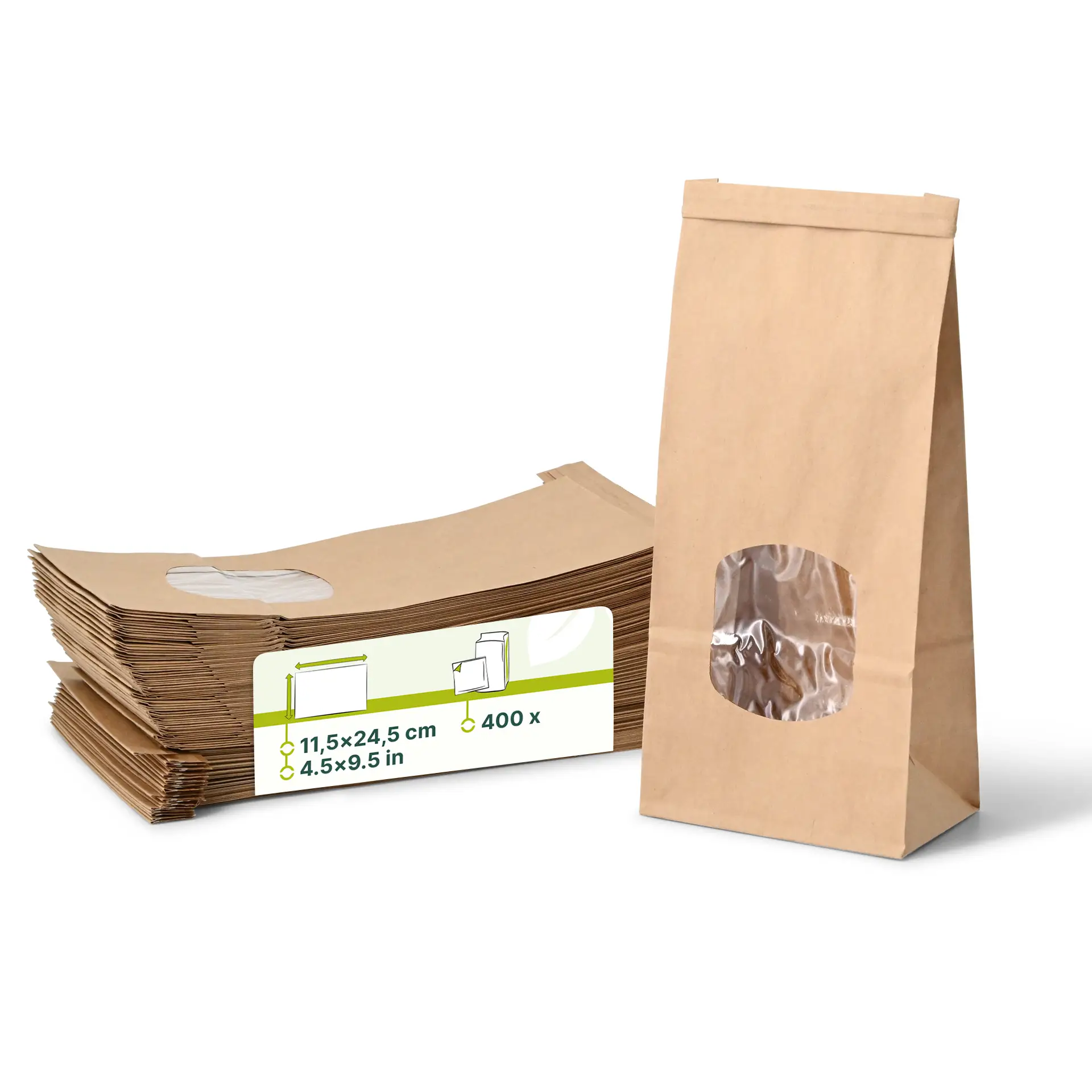 Blockbeutel m. Fenster M, 11,5 x 7 x 24,5 cm, PP-Folie, braun, Clipband, Kraftpapier