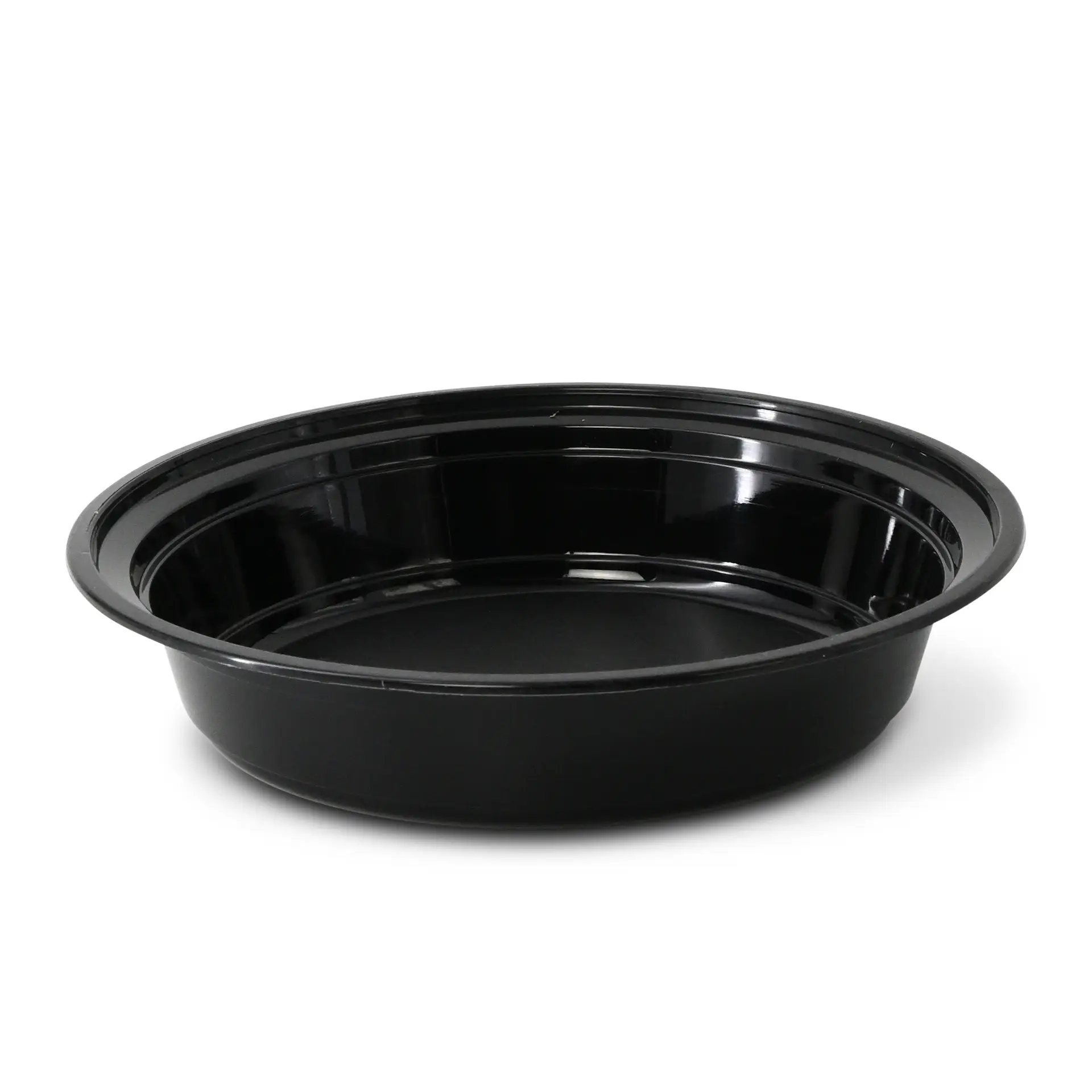 Reusable black polypropylene plate, round, 1000 ml capacity; suitable for hot and cold dishes, microwave and dishwasher safe.