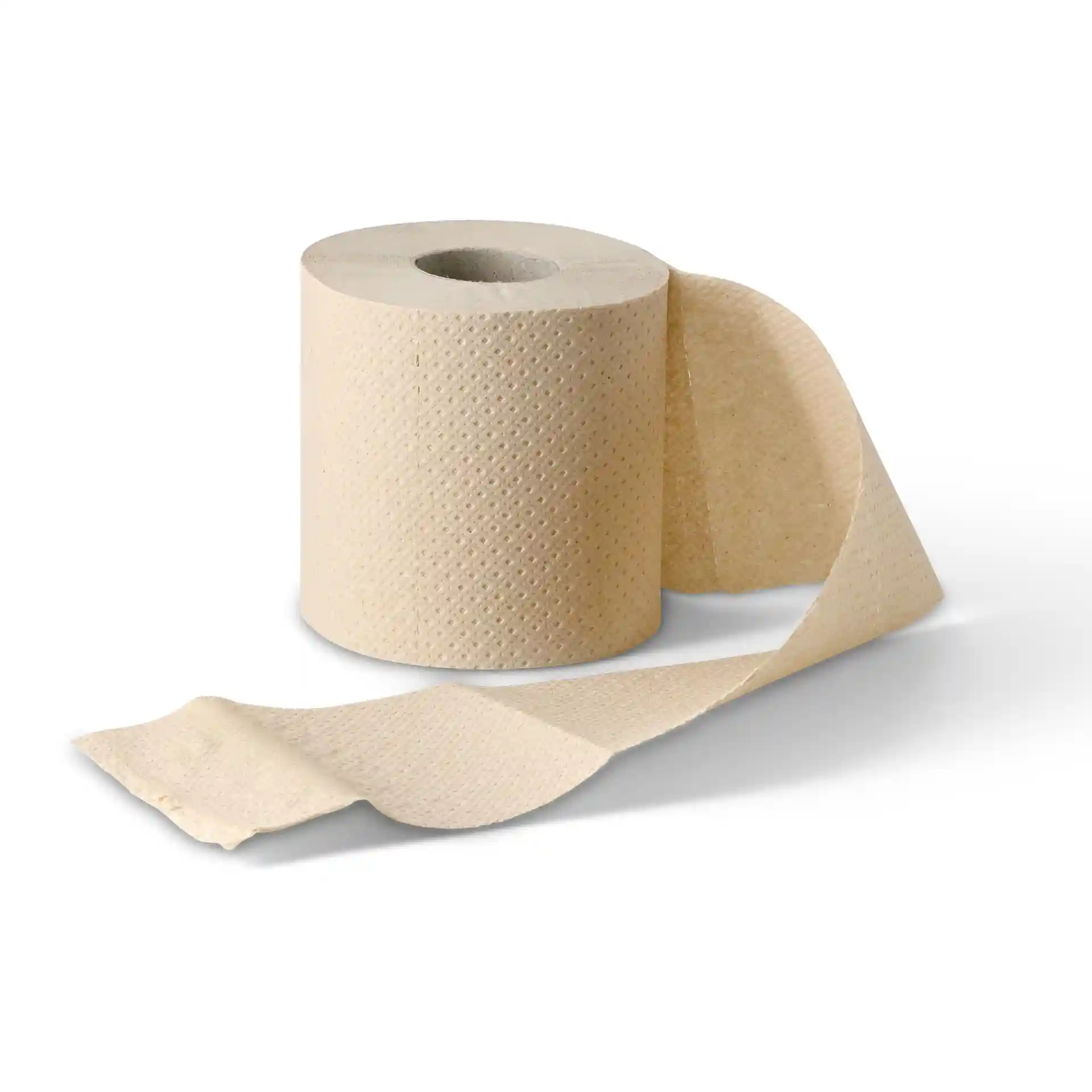 Brown 2-ply toilet paper roll made from recycled paper, showing a partially unrolled sheet.