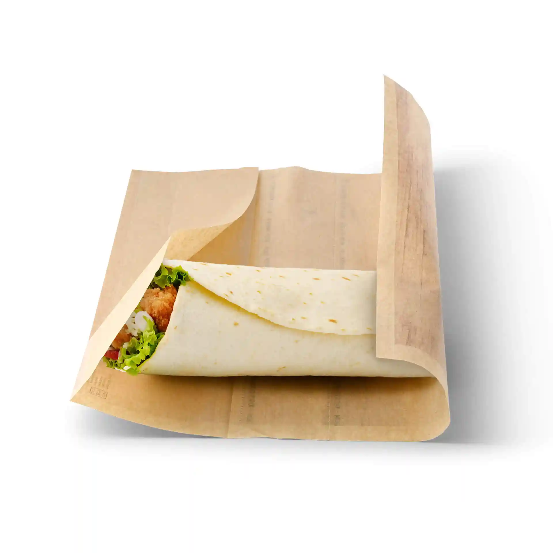 Braune Kraftpapier-Burritotasche, vorgefaltet, zeigt einen eingewickelten Burrito mit sichtbarem Salat und Füllung.