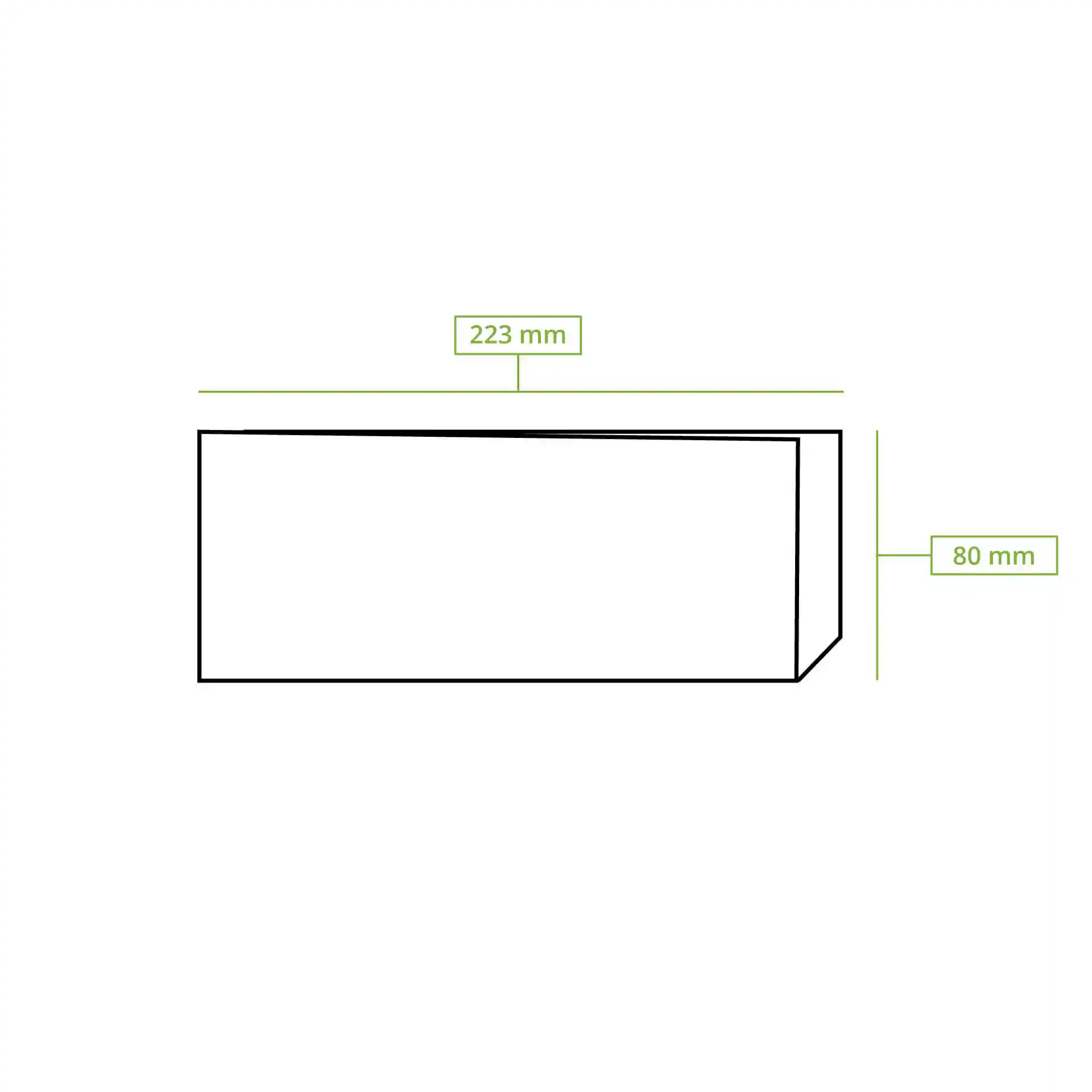 Schematische Zeichnung eines rechteckigen Lebensmittelfolien mit den Abmessungen 223 mm x 80 mm.