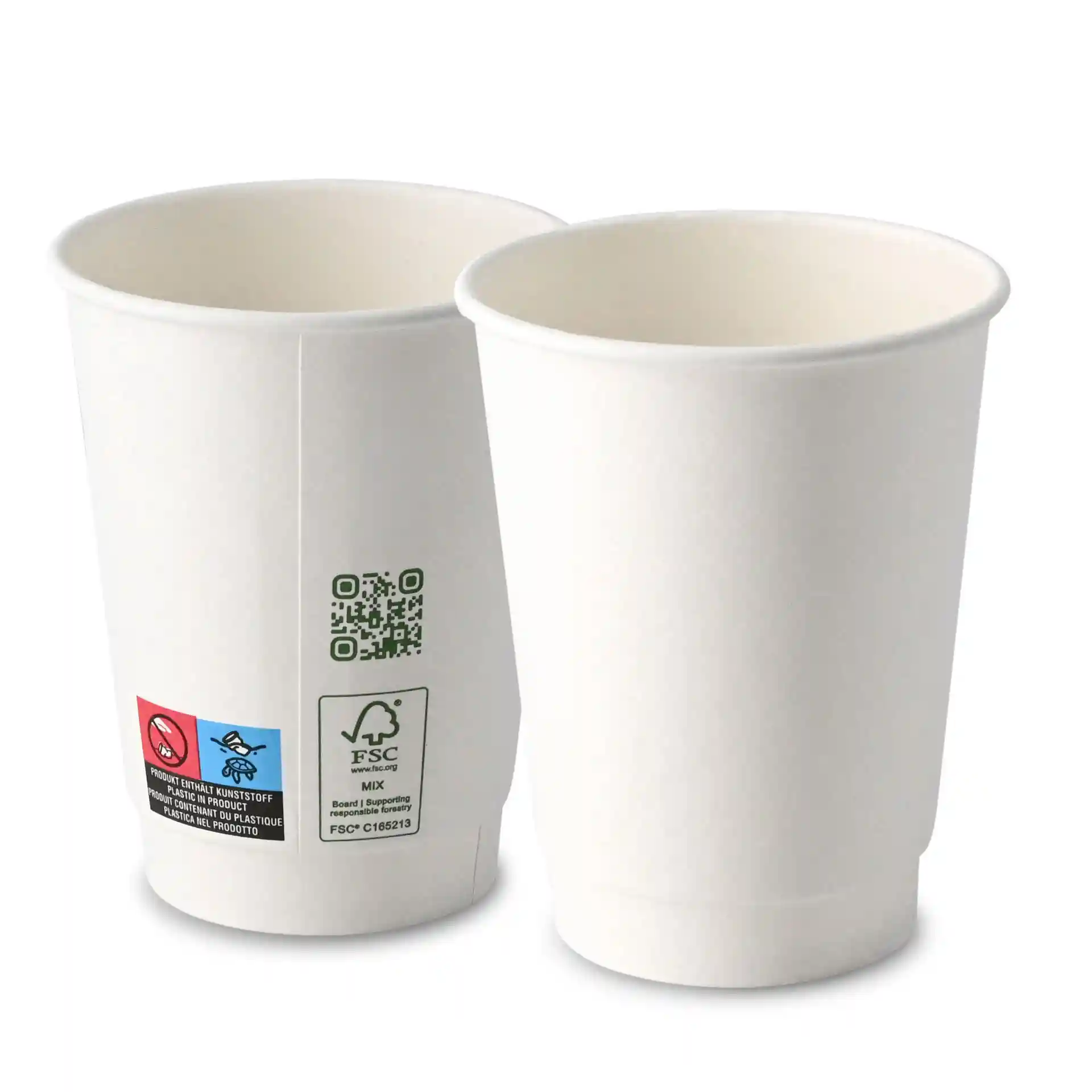 White double wall coffee cup, 300 ml capacity, with visible interior and exterior, showing printed labels and symbols.