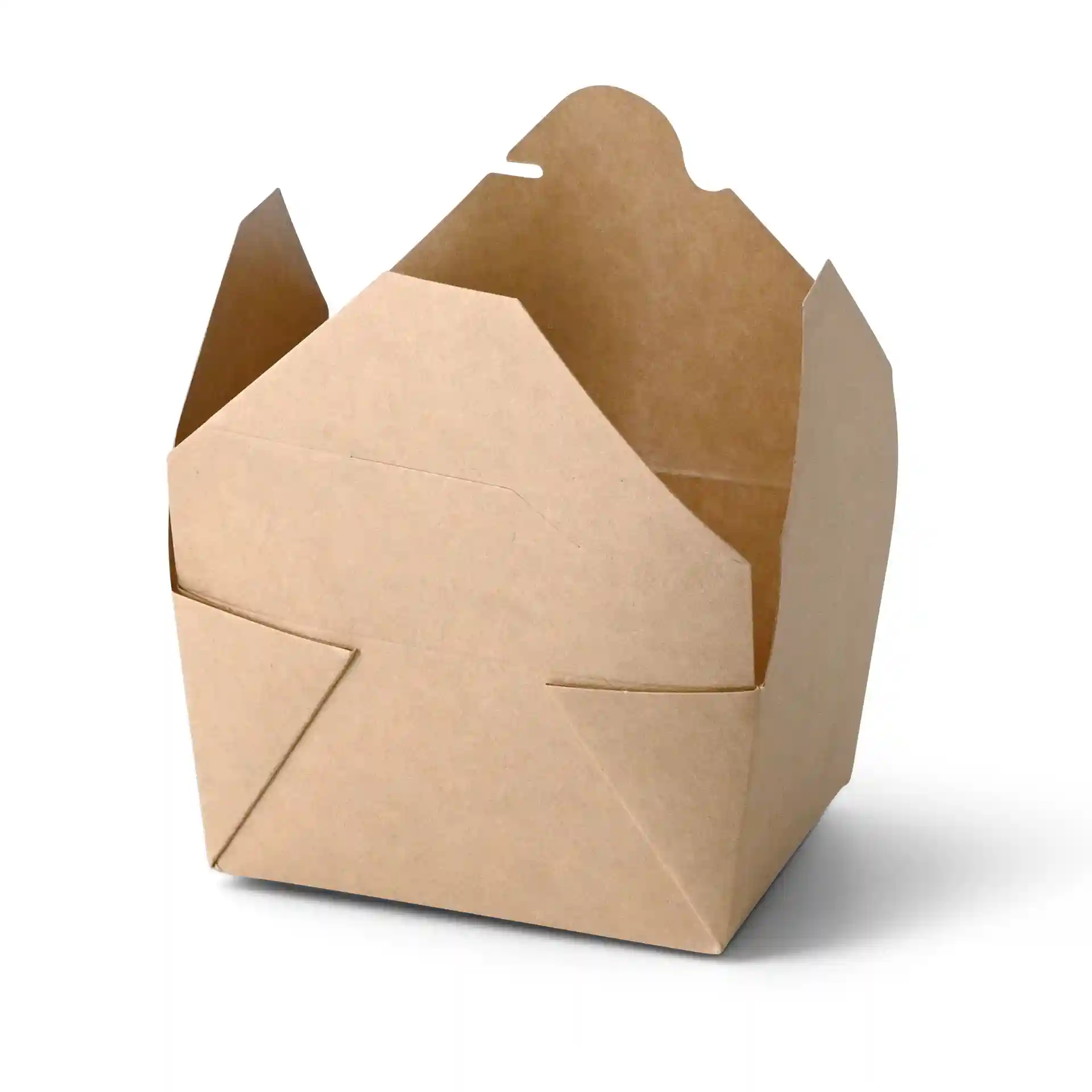 Brown cardboard take-away box with a rectangular shape, open at the top, and no coating.