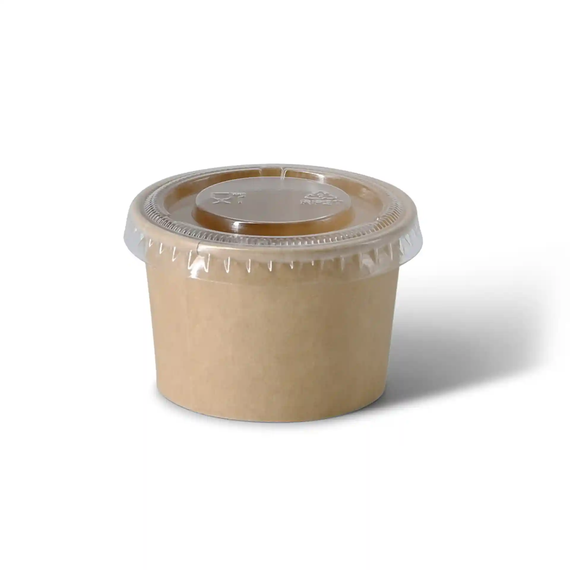 Brown paper portion cup with a clear plastic lid, 40 mm high and 62 mm in diameter.