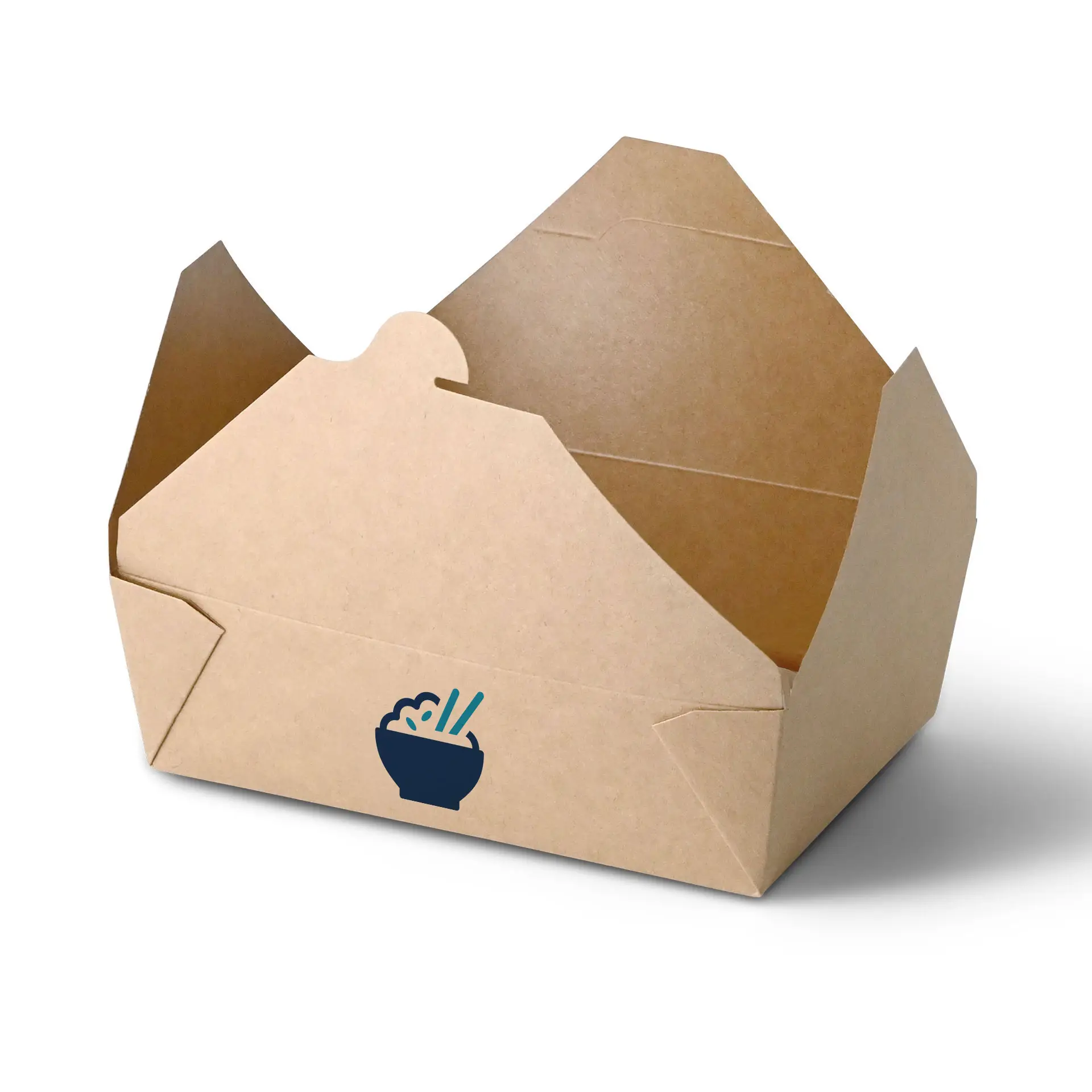 Custom printed takeaway box with a logo design, made of sturdy and grease-resistant cardboard. Ideal for food delivery and events.