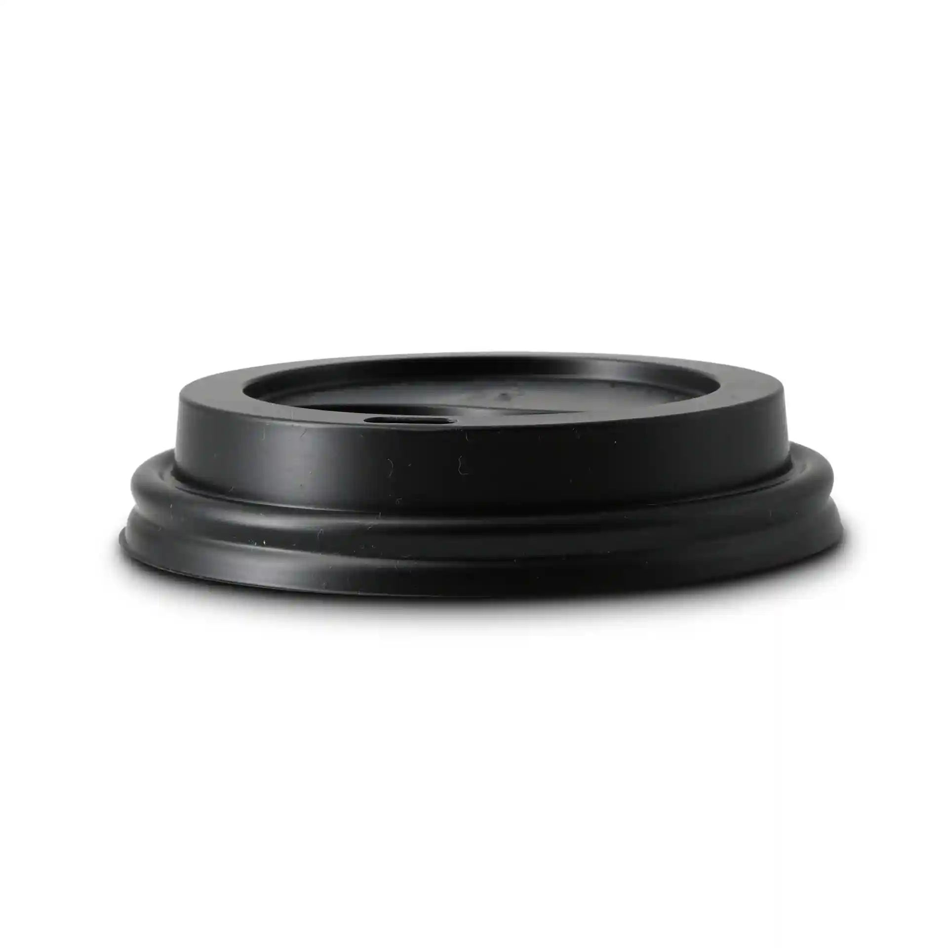 Black PS lid with a drinking hole, round shape, 90 mm diameter, 17.5 mm height.