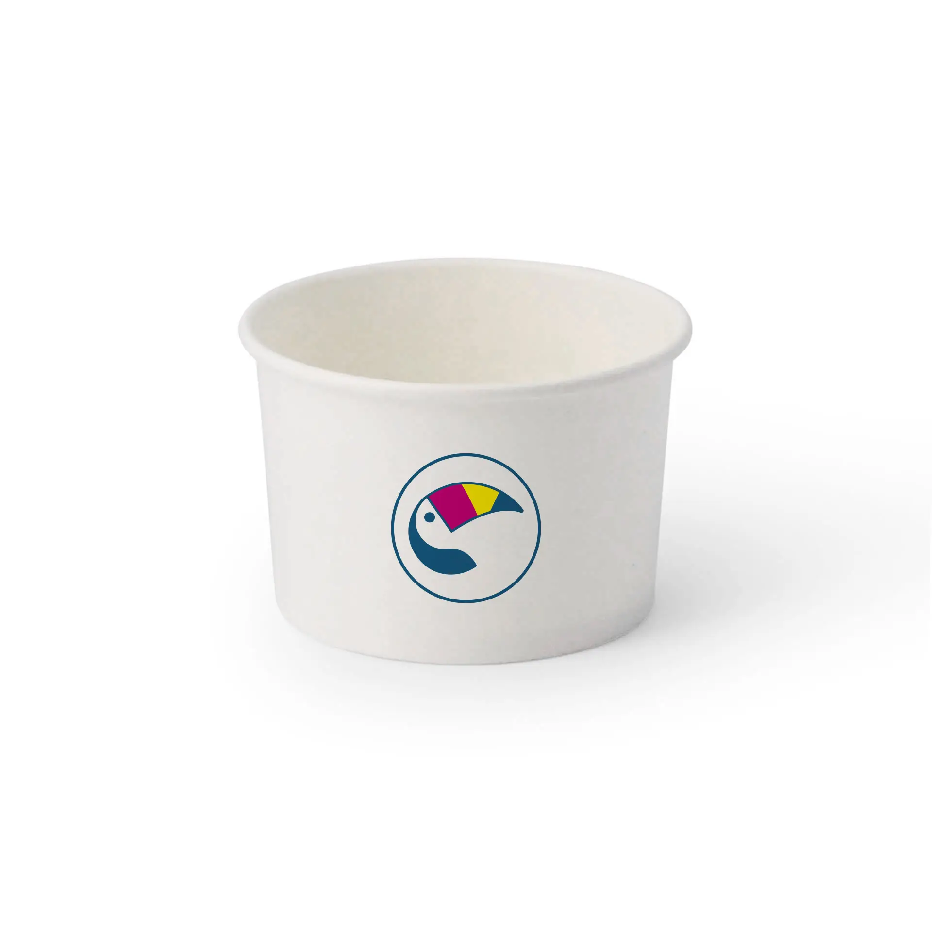 White ice cream cup printed with a colorful toucan logo, 200 ml / 8 oz size, PE-coated material.