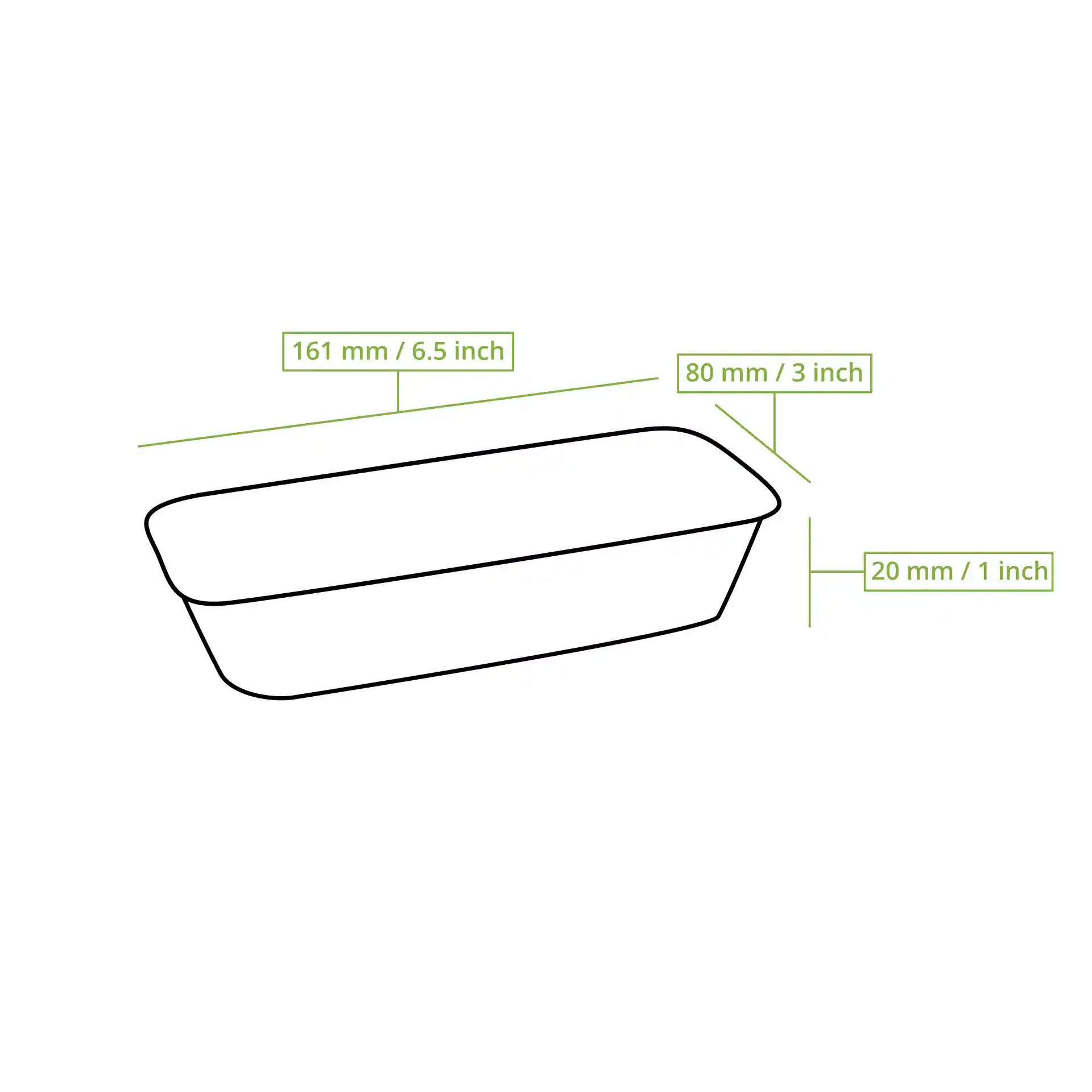 Schematische Zeichnung einer rechteckigen Palmblatt-Schüssel mit beschrifteten Abmessungen: 161 mm Länge, 80 mm Breite und 20 mm Höhe.