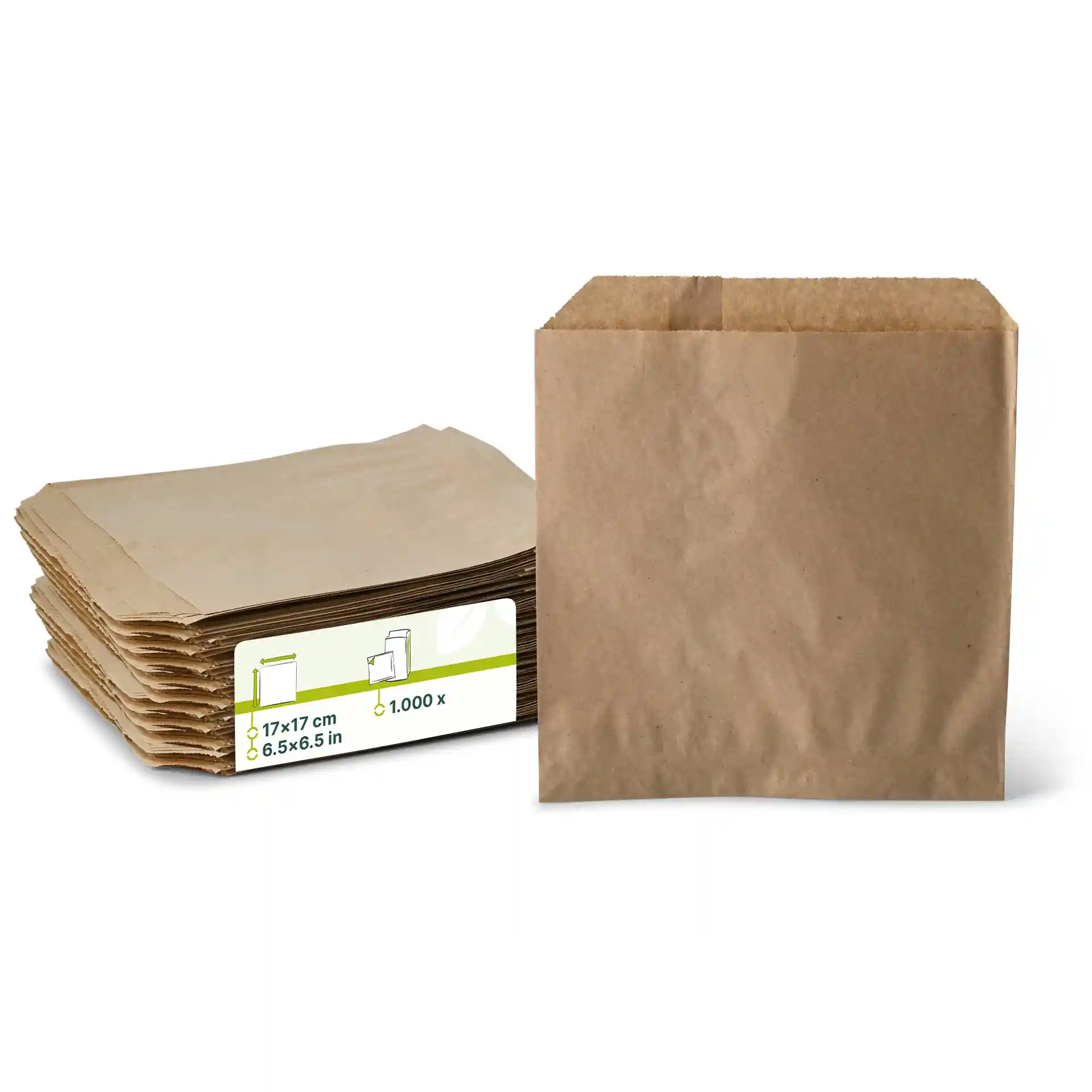 Stack of brown paper flat bags, each measuring 17 x 17 cm, with one bag shown upright.
