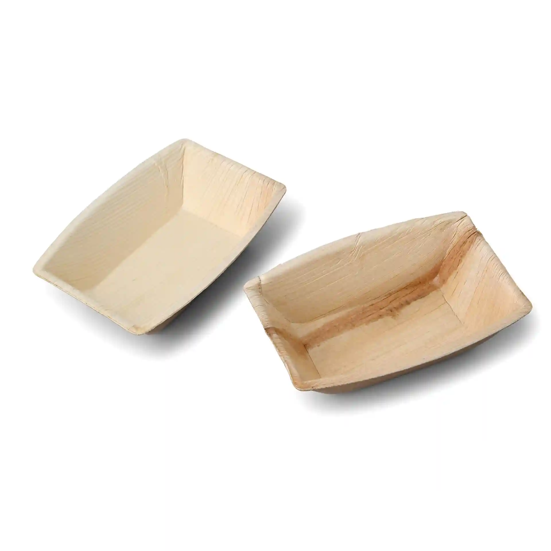 Rectangular palm leaf bowls with a natural grain finish, measuring 130 mm by 90 mm and 35 mm in height.