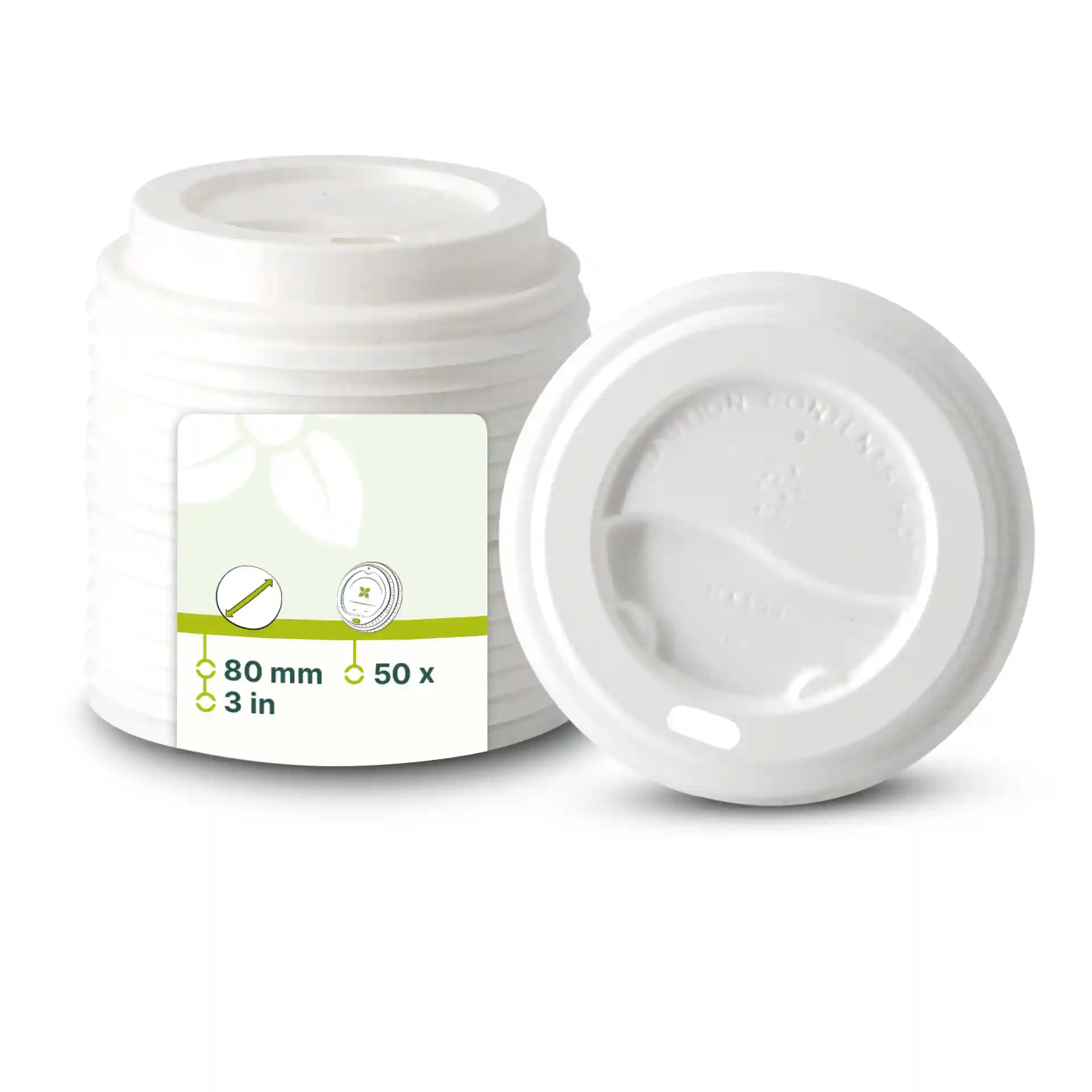 White plastic lid with a diameter of 80 mm and a drinking hole, stacked with a label showing dimensions and quantity.