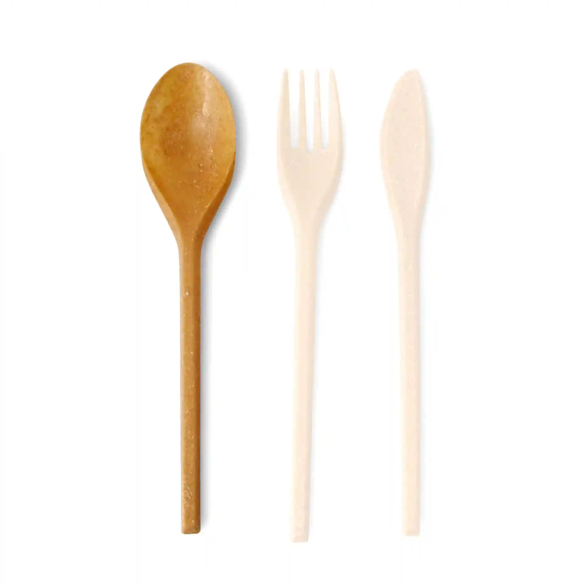 Image of a brown reusable spoon, a white fork, and a white knife arranged in a row on a plain background.