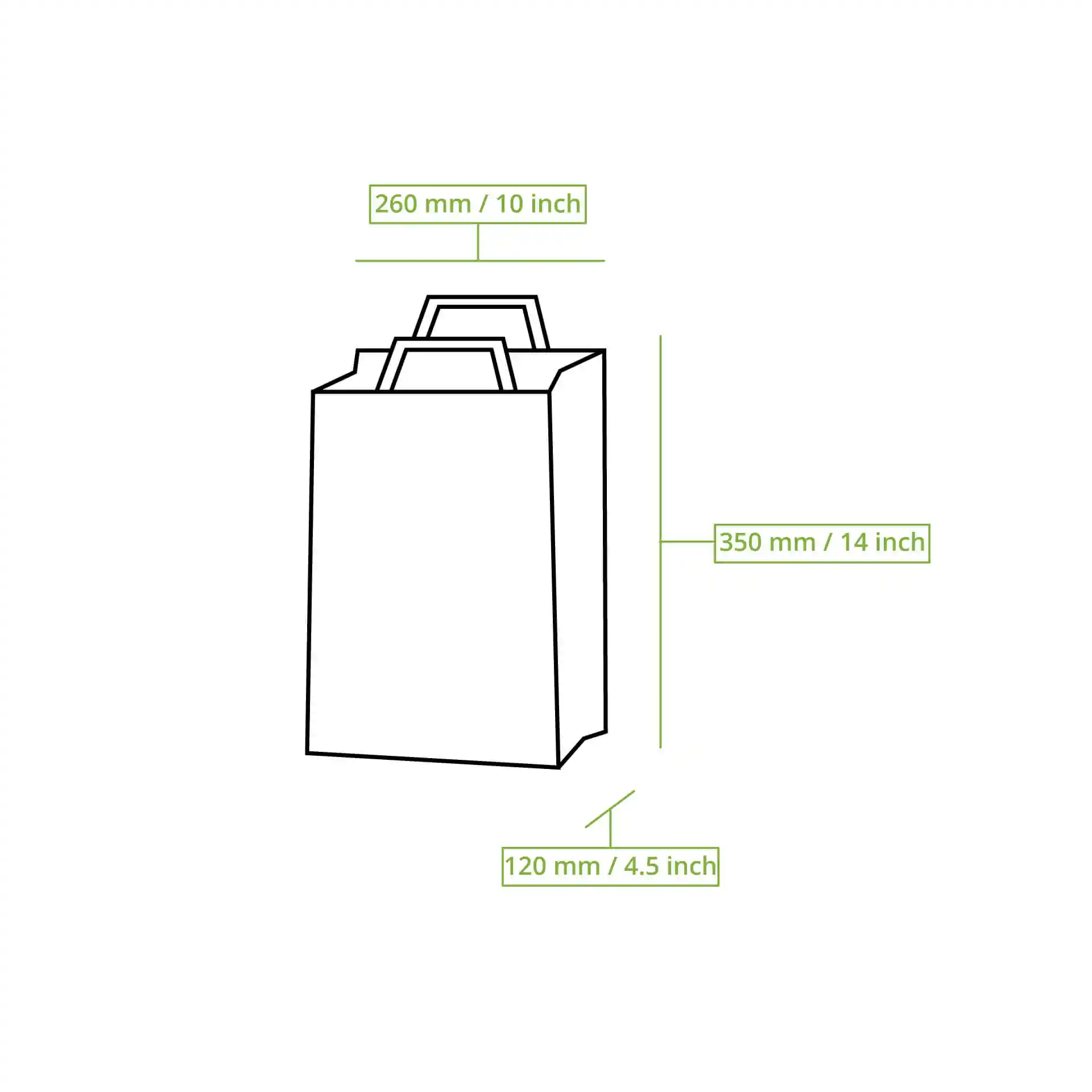 Schematische Zeichnung einer braunen Papiertasche mit beschrifteten Abmessungen: 260 mm Länge, 120 mm Breite, 350 mm Höhe.