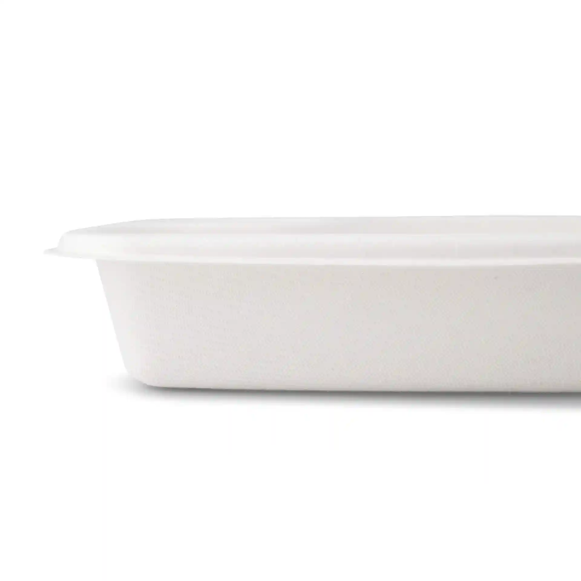 Rectangular white sugarcane dip plate, measuring 16.5 cm x 19 cm, shown from the side.