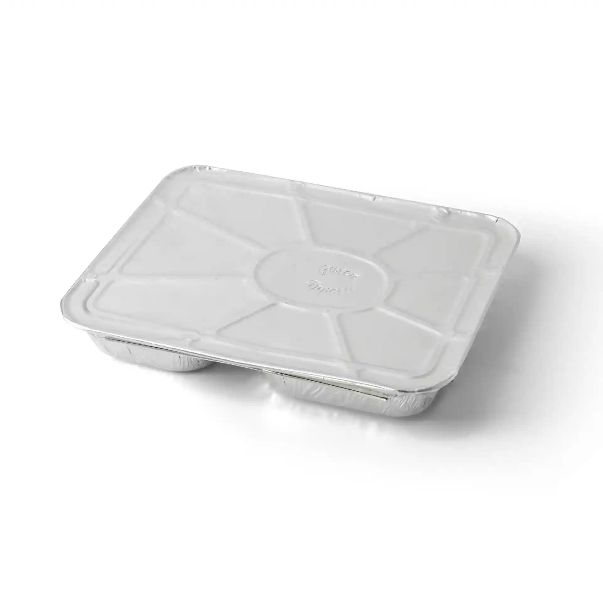 Aluminiumdeckel für ein rechteckiges, zweigeteiltes Essensblech, 226 mm x 178 mm groß.