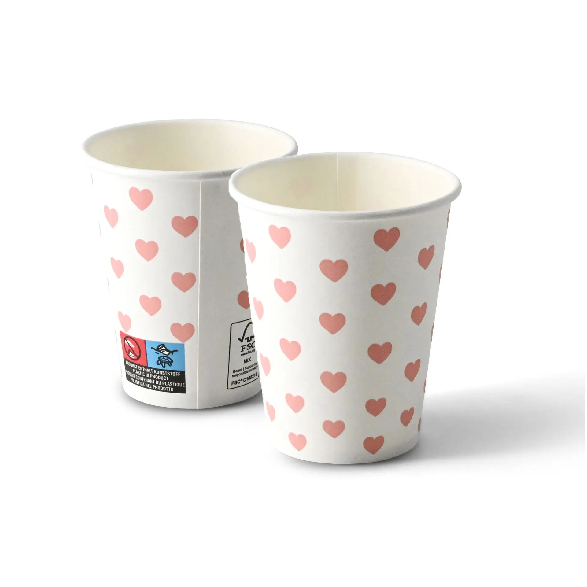 Zwei 8 oz Pappbecher mit weißem Hintergrund und rosa Herzmustern, Innen- und Außenseite sichtbar.