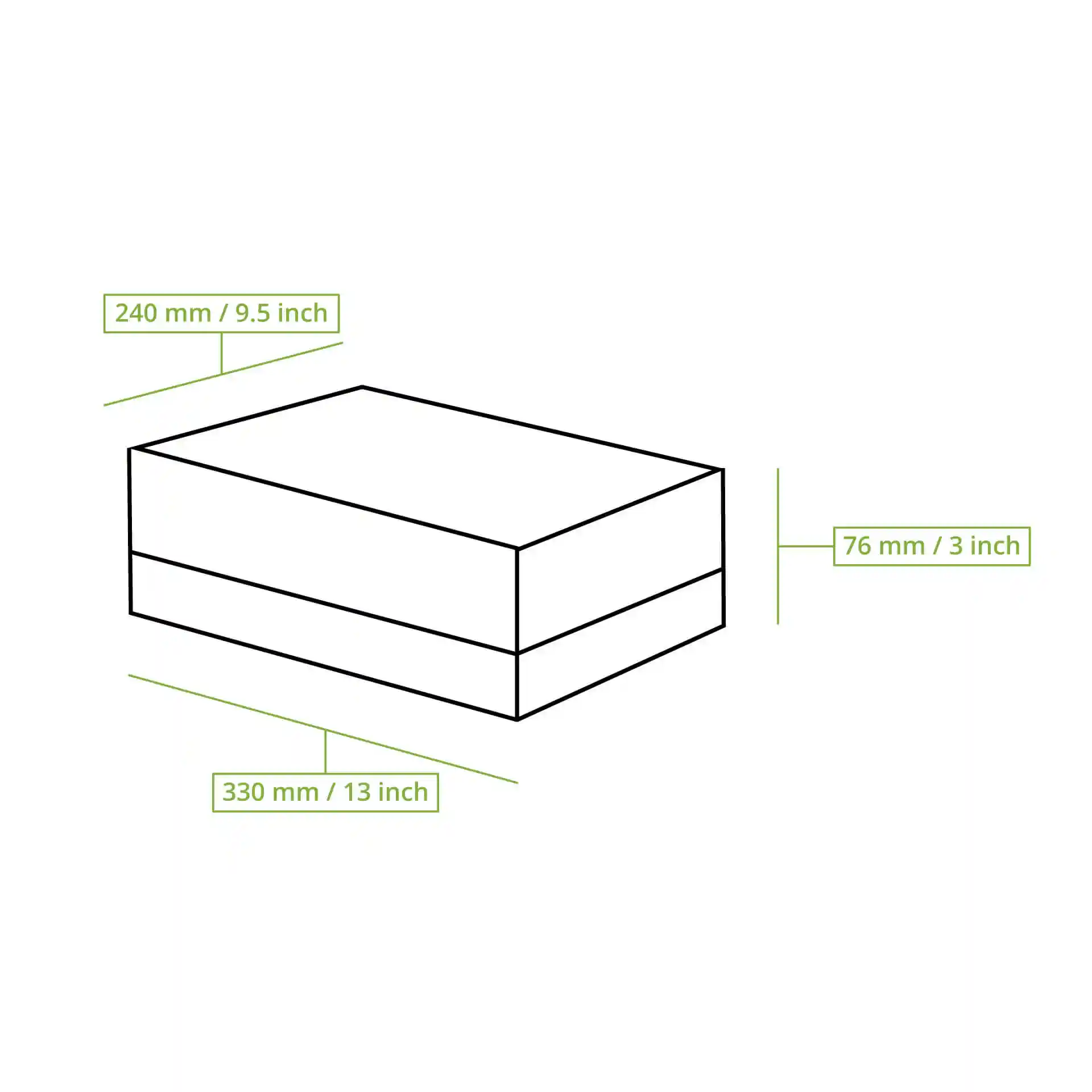 Schematic drawing of a rectangular cupcake box with dimension lines indicating 240 mm by 330 mm by 76 mm.