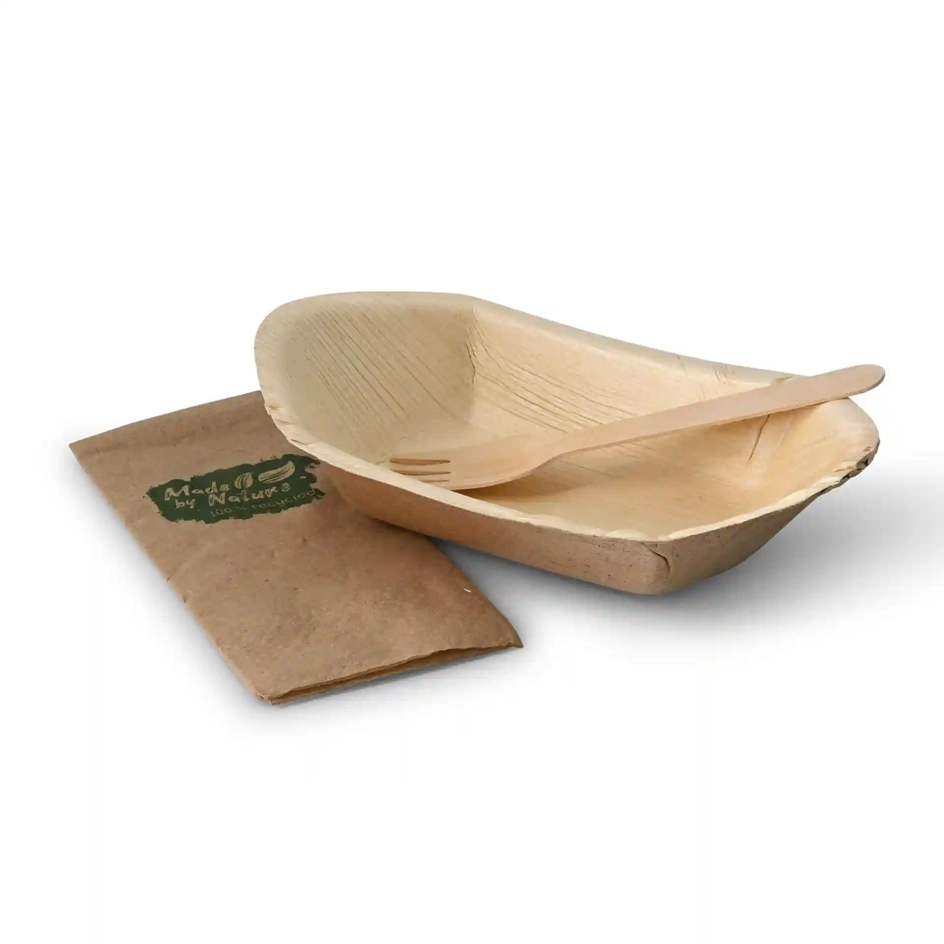 Tiefe Palmblattboot mit einer Holzgabel und einer braunen Papierhülle.