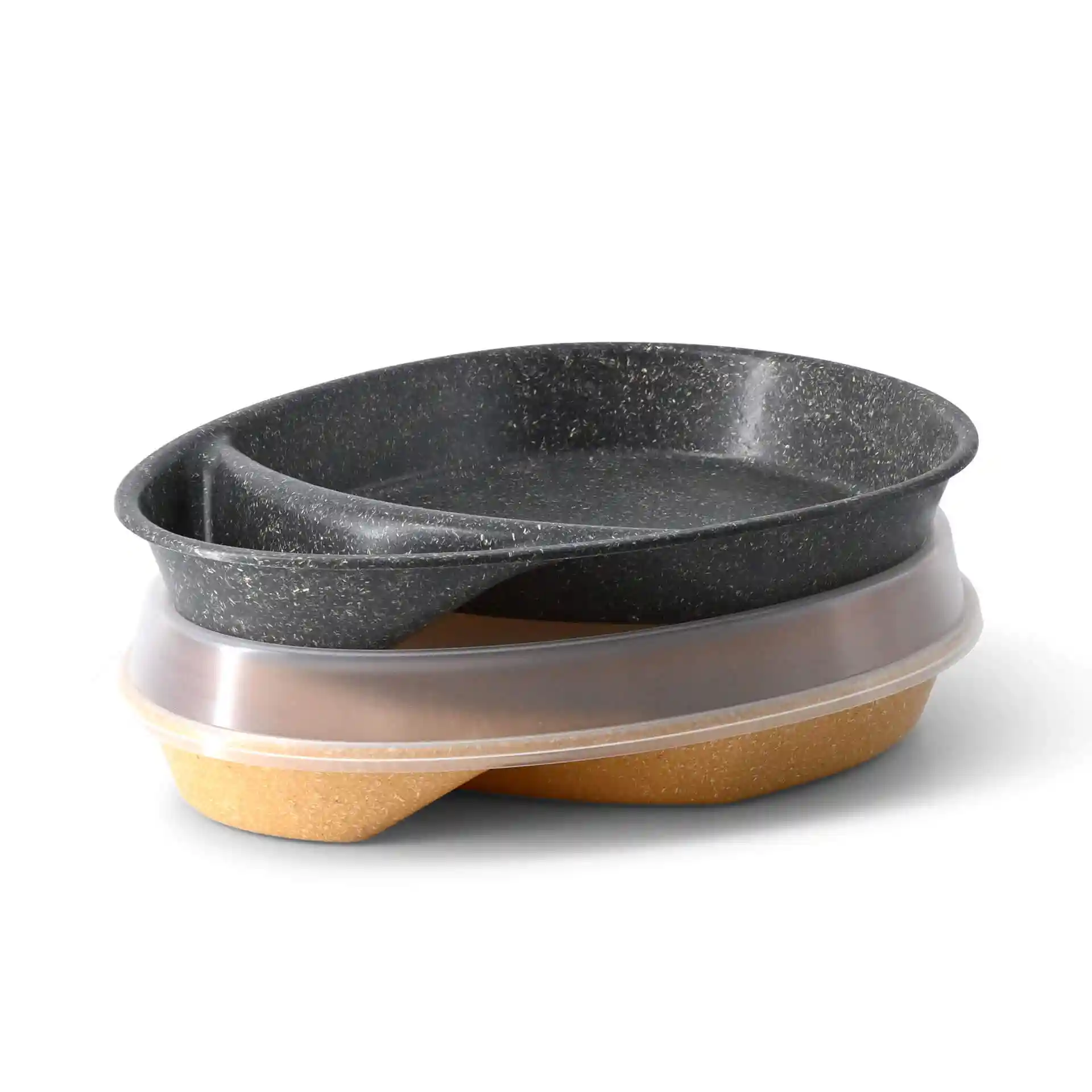 Reusable divided plate in grey with two compartments, stacked with a transparent lid and a base.