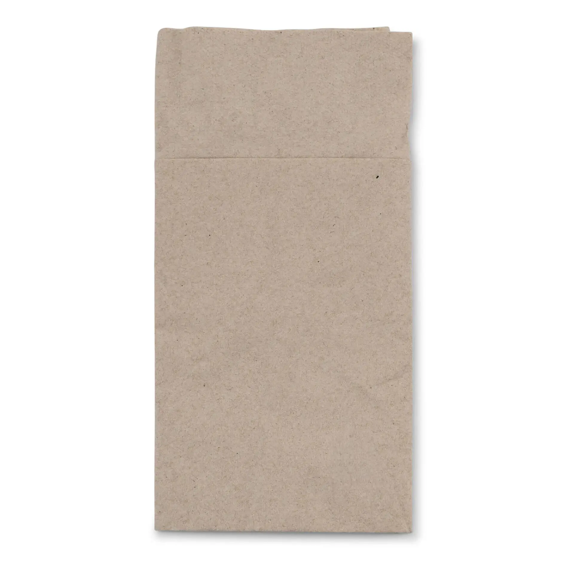 Rechteckige ungebleichte Papierbestecktasche, 10 x 19,5 cm, mit einem gedruckten Symbol für Recycling.
