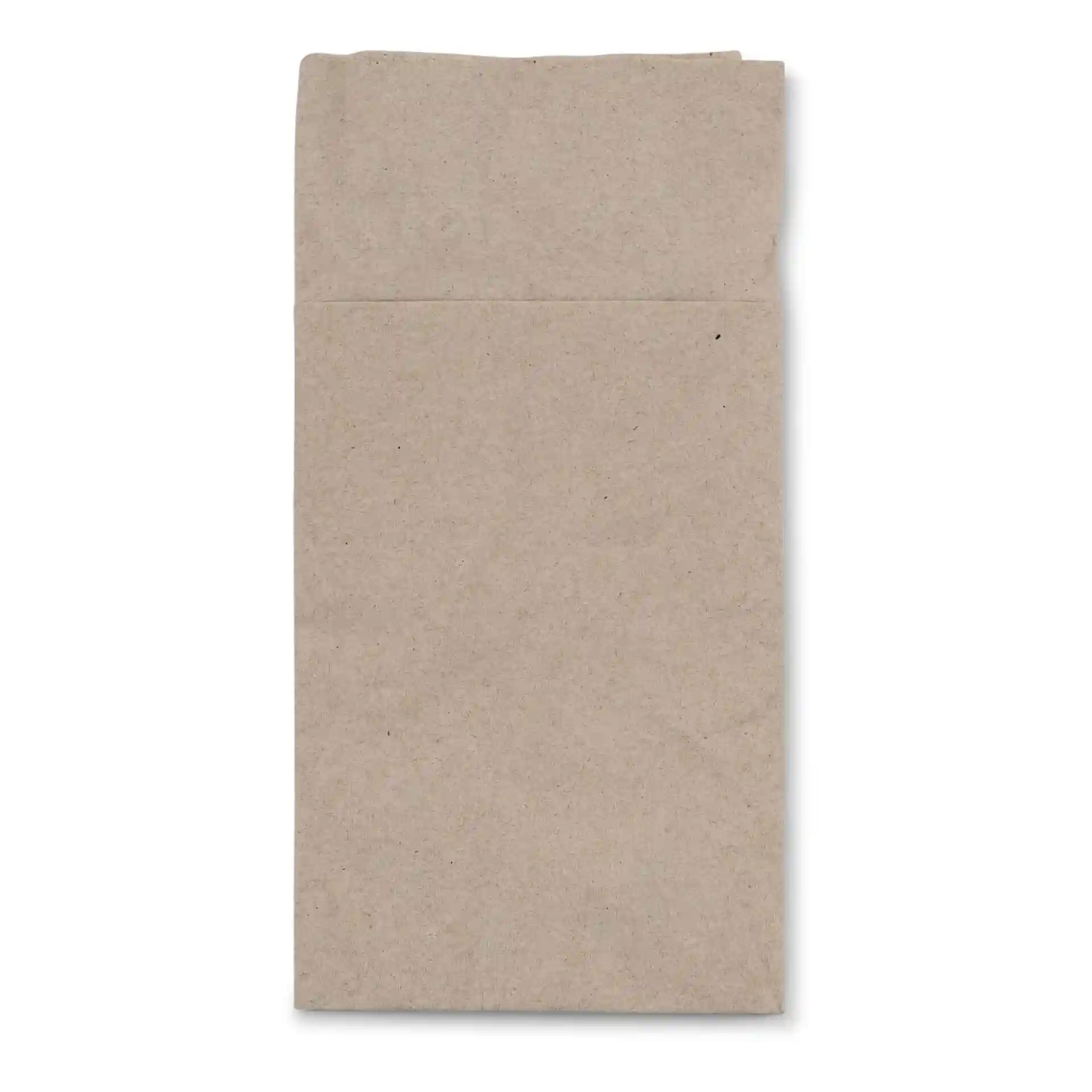 Rechteckige ungebleichte Papierbestecktasche, 10 x 19,5 cm, mit einem gedruckten Symbol für Recycling.