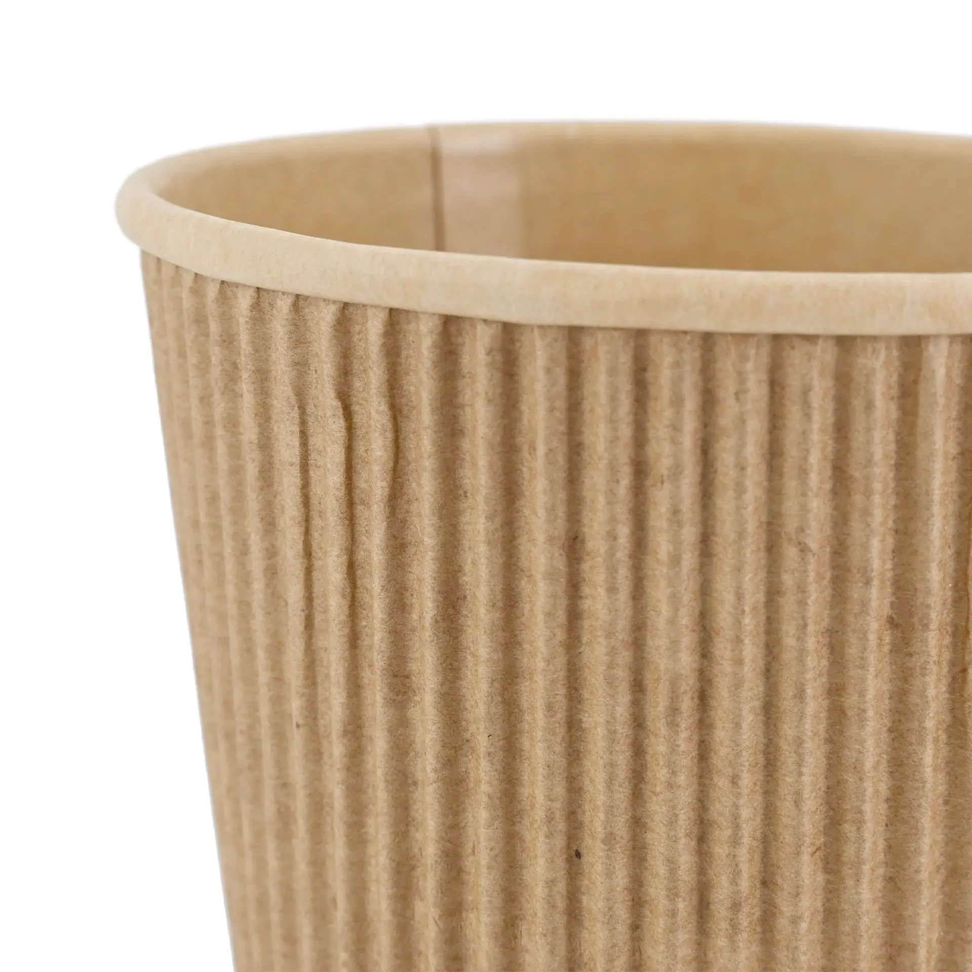 Brown ribbed disposable coffee cup with a triple-wall design, suitable for hot drinks and biodegradable PLA coating.