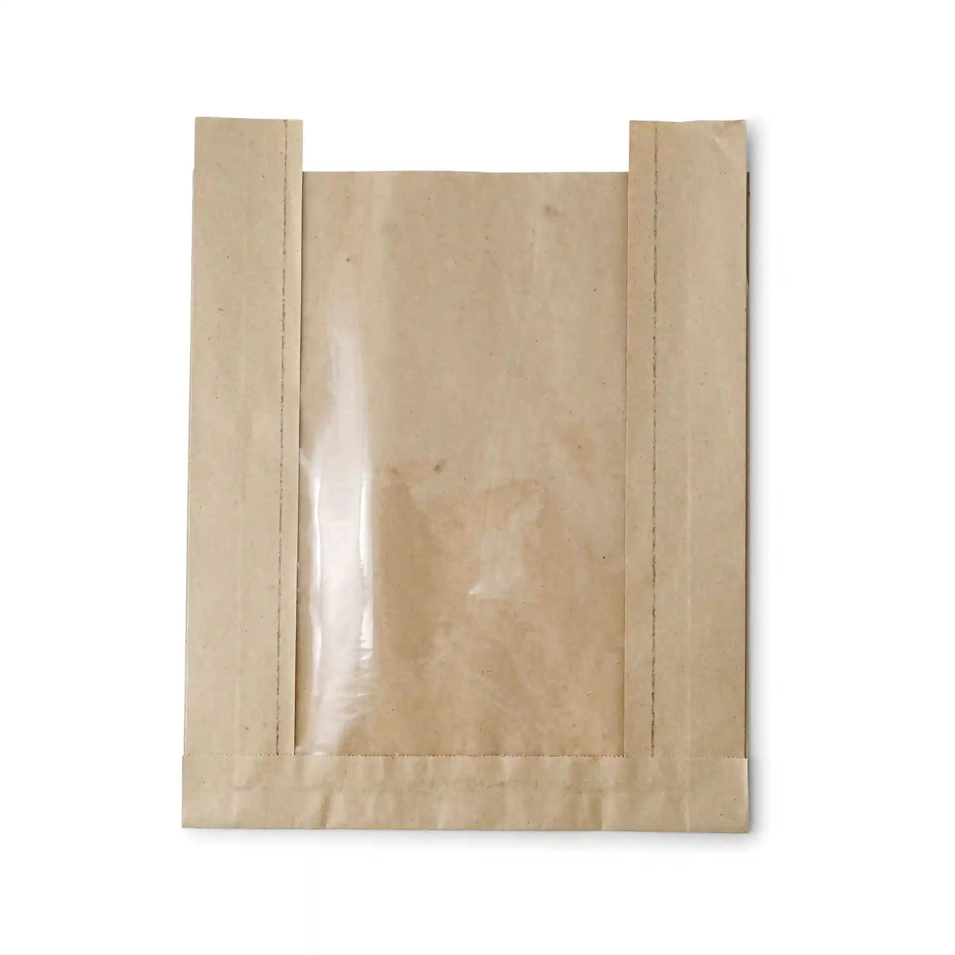 Brown flat paper bag with a transparent window, measuring 20 x 5 x 25 cm.
